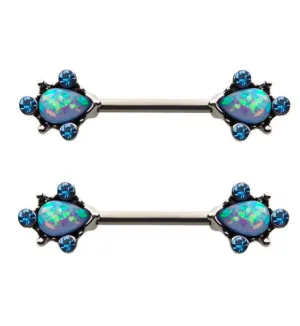 14G Aqua Opalite & CZ Filigree Nipple Rings Barbell