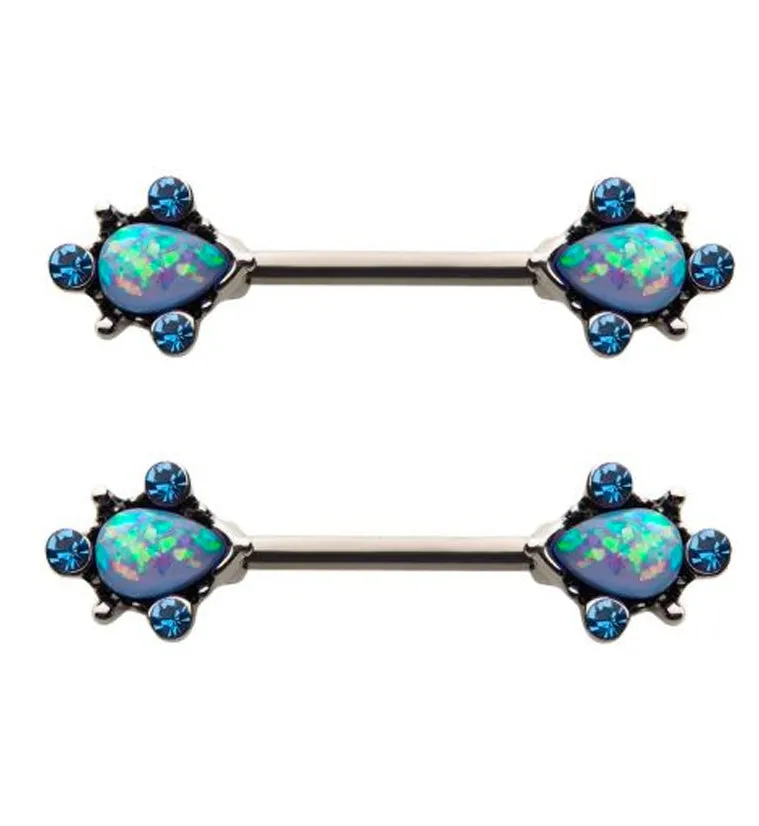 14G Aqua Opalite & CZ Filigree Nipple Rings Barbell