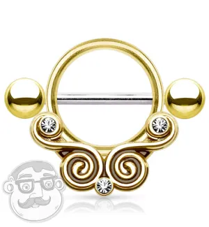 14G Gold Brass Twirl Filigree Barbell Nipple Ring Shield