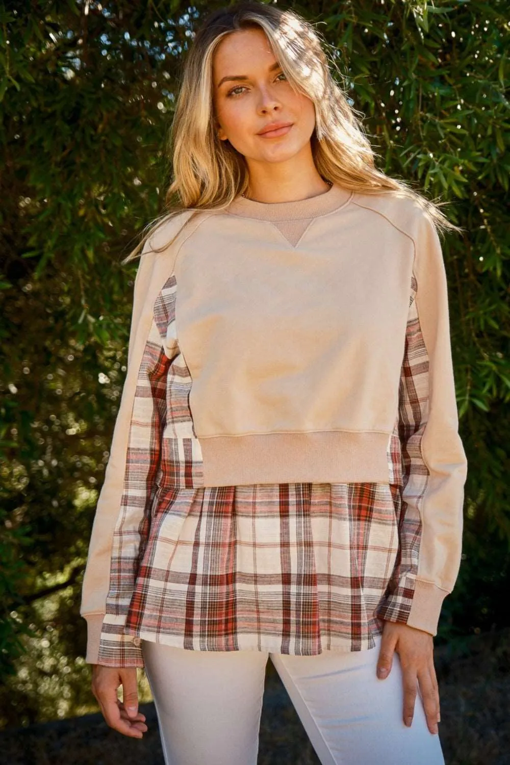 And The Why Full Size Double Layered Plaid Contrast Sweatshirt