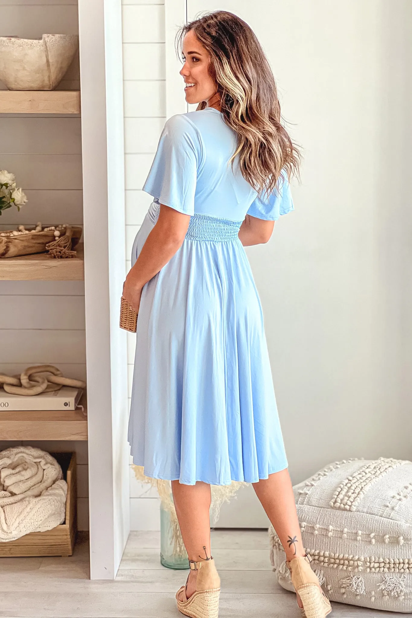 Baby Blue Maternity Midi Dress With Short Sleeves