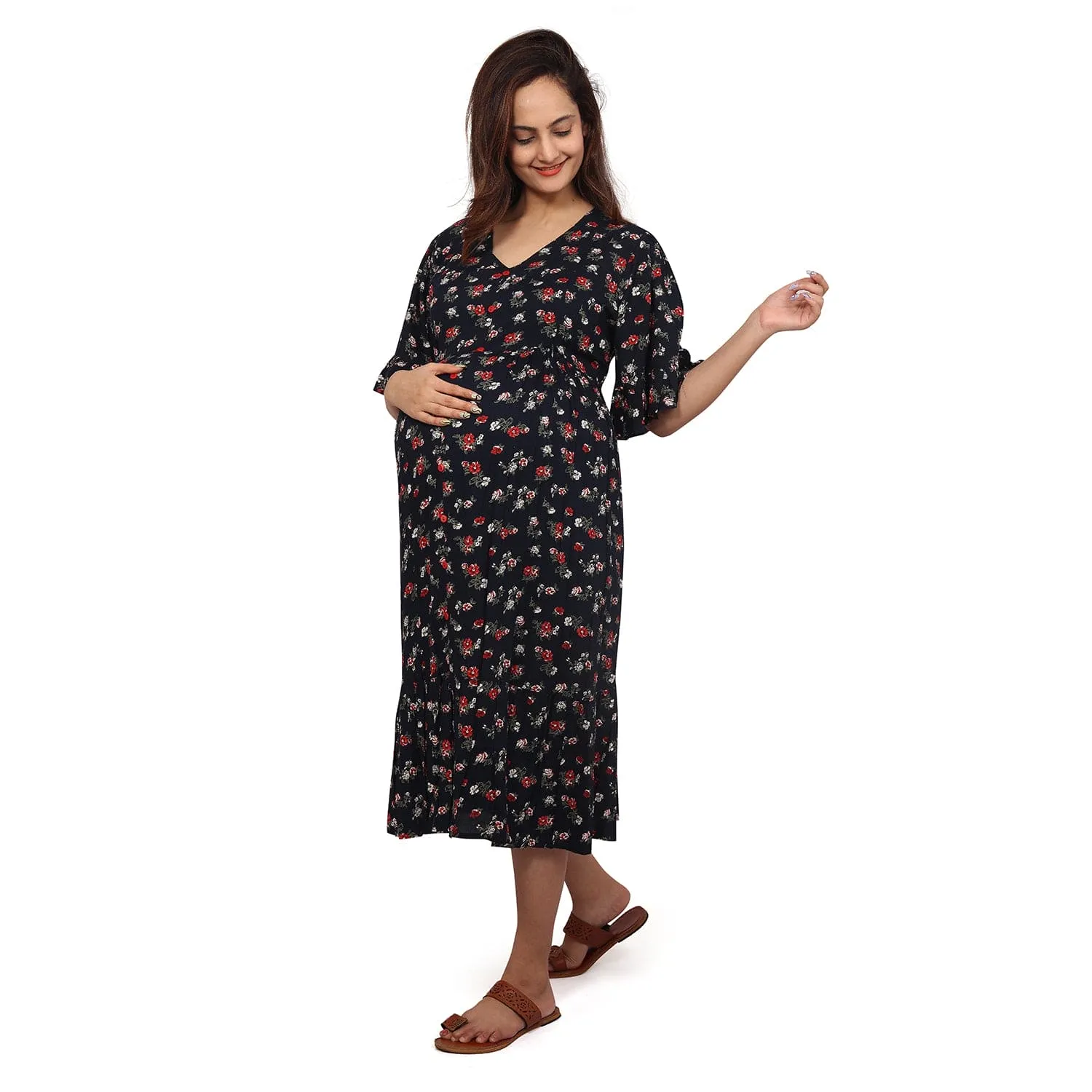 Baby Moo Half Sleeves Comfortable Nursing And Maternity Dress With Pocket Floral - Blue