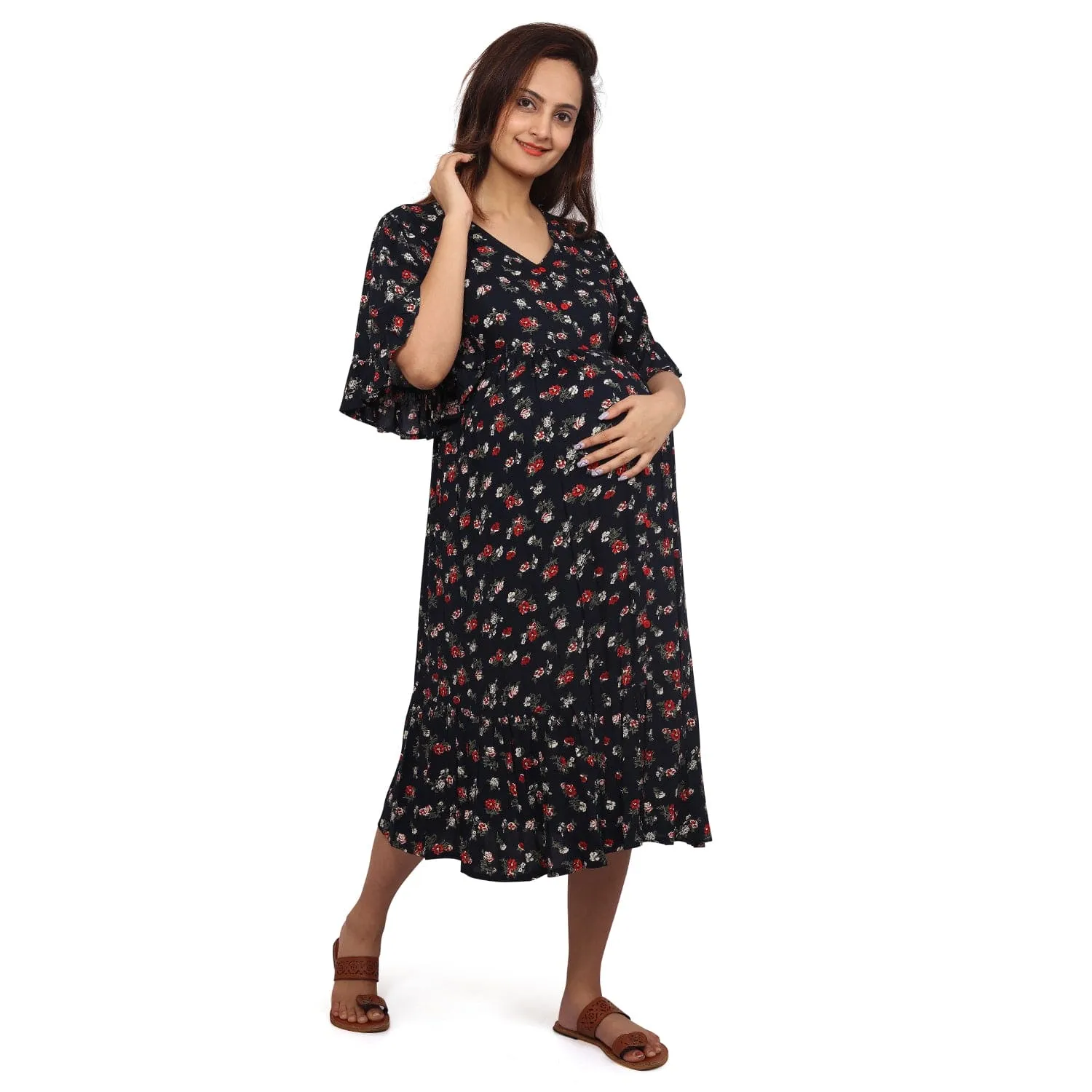 Baby Moo Half Sleeves Comfortable Nursing And Maternity Dress With Pocket Floral - Blue