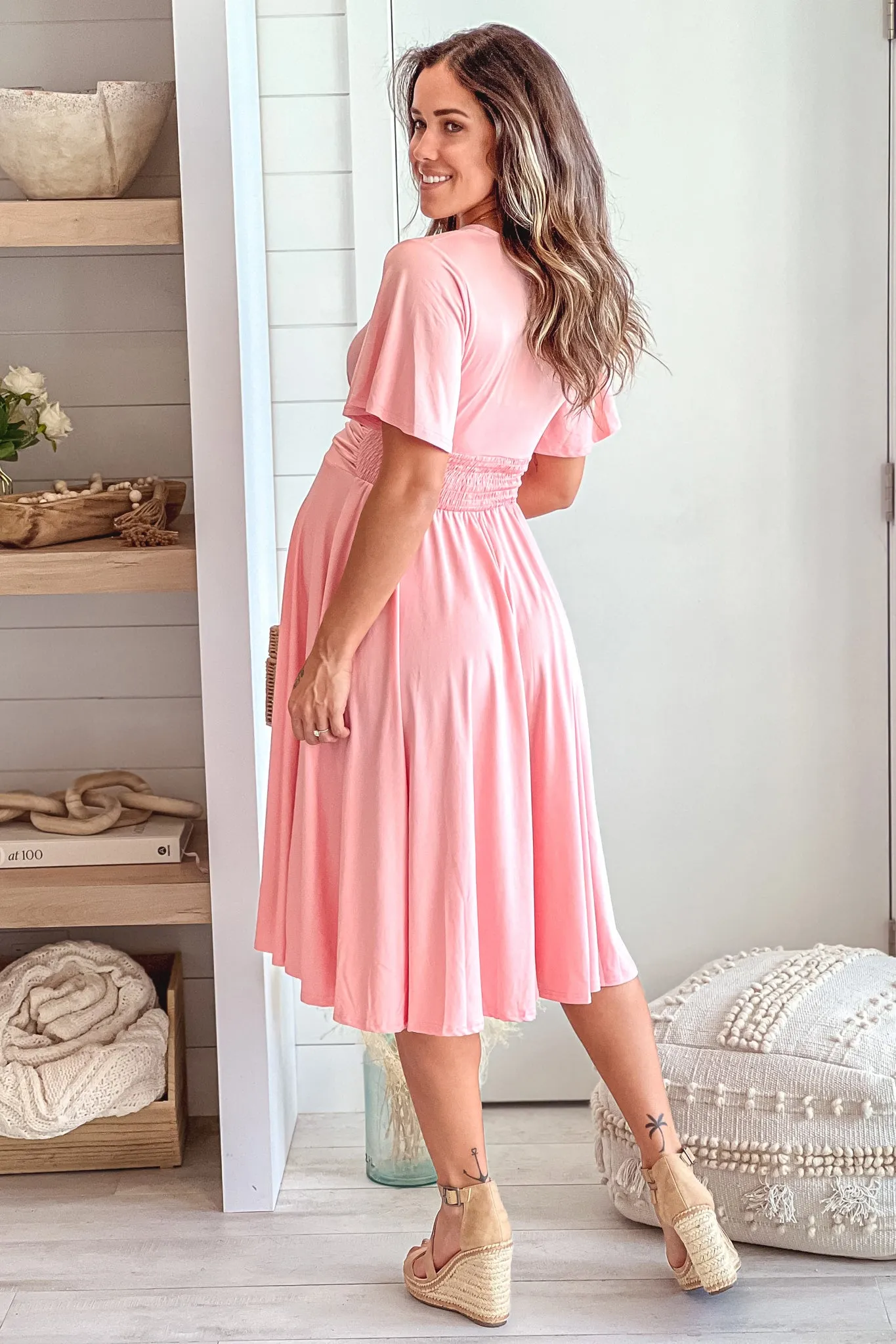 Baby Pink Maternity Midi Dress With Short Sleeves