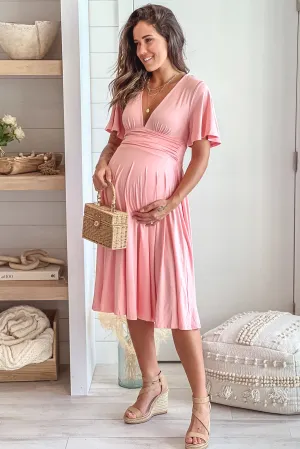 Baby Pink Maternity Midi Dress With Short Sleeves