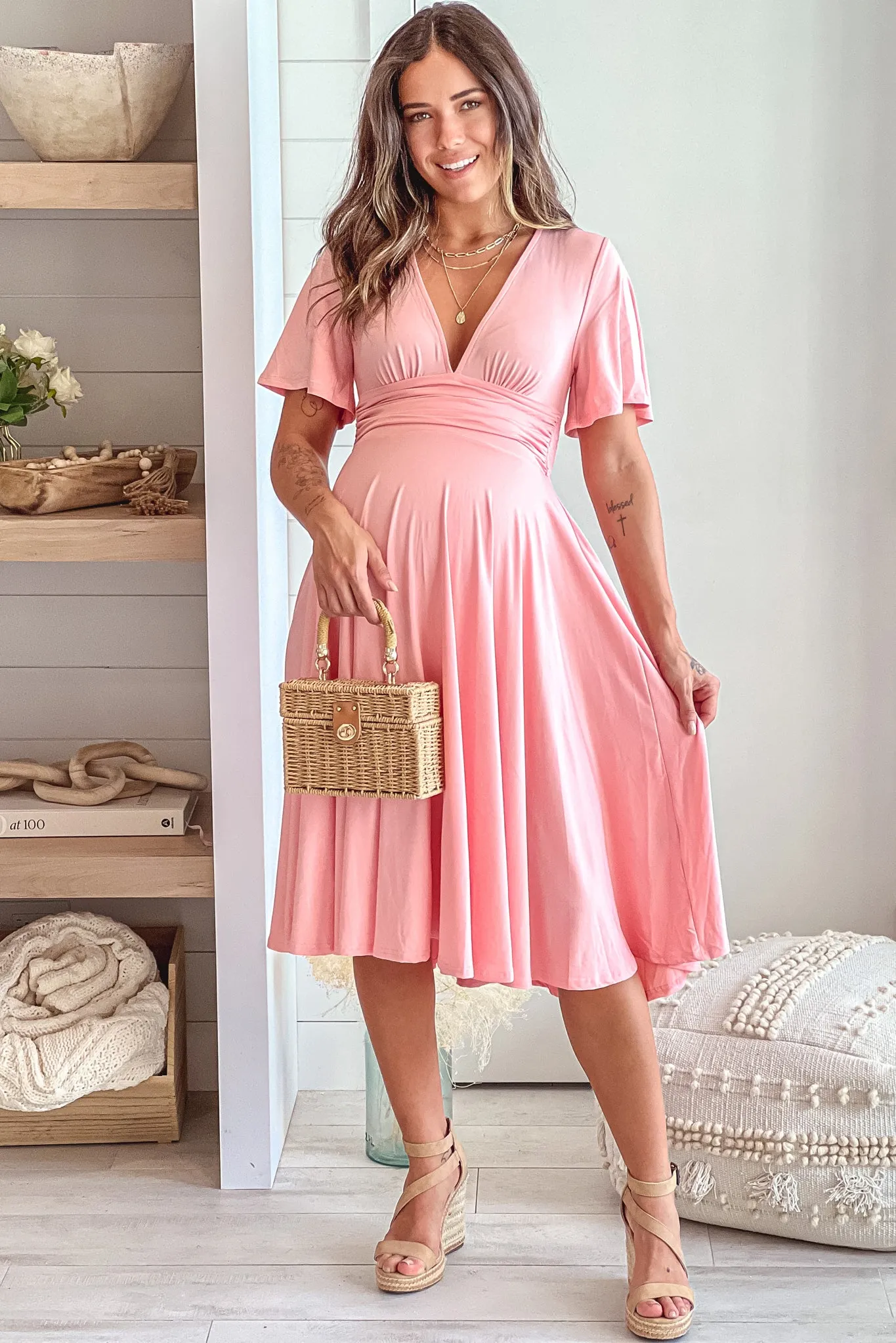 Baby Pink Maternity Midi Dress With Short Sleeves