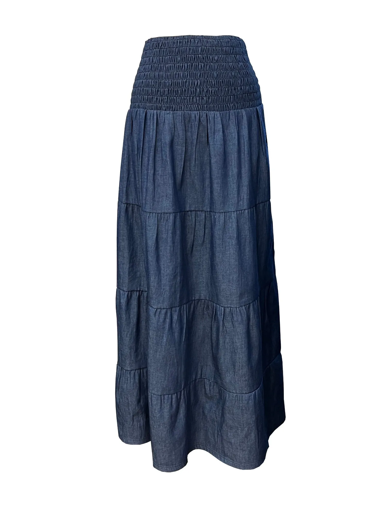 Baby'O Women's' Long Ankle Length Smocked Waist Summer Weight Denim Tiered Western Prairie Skirt