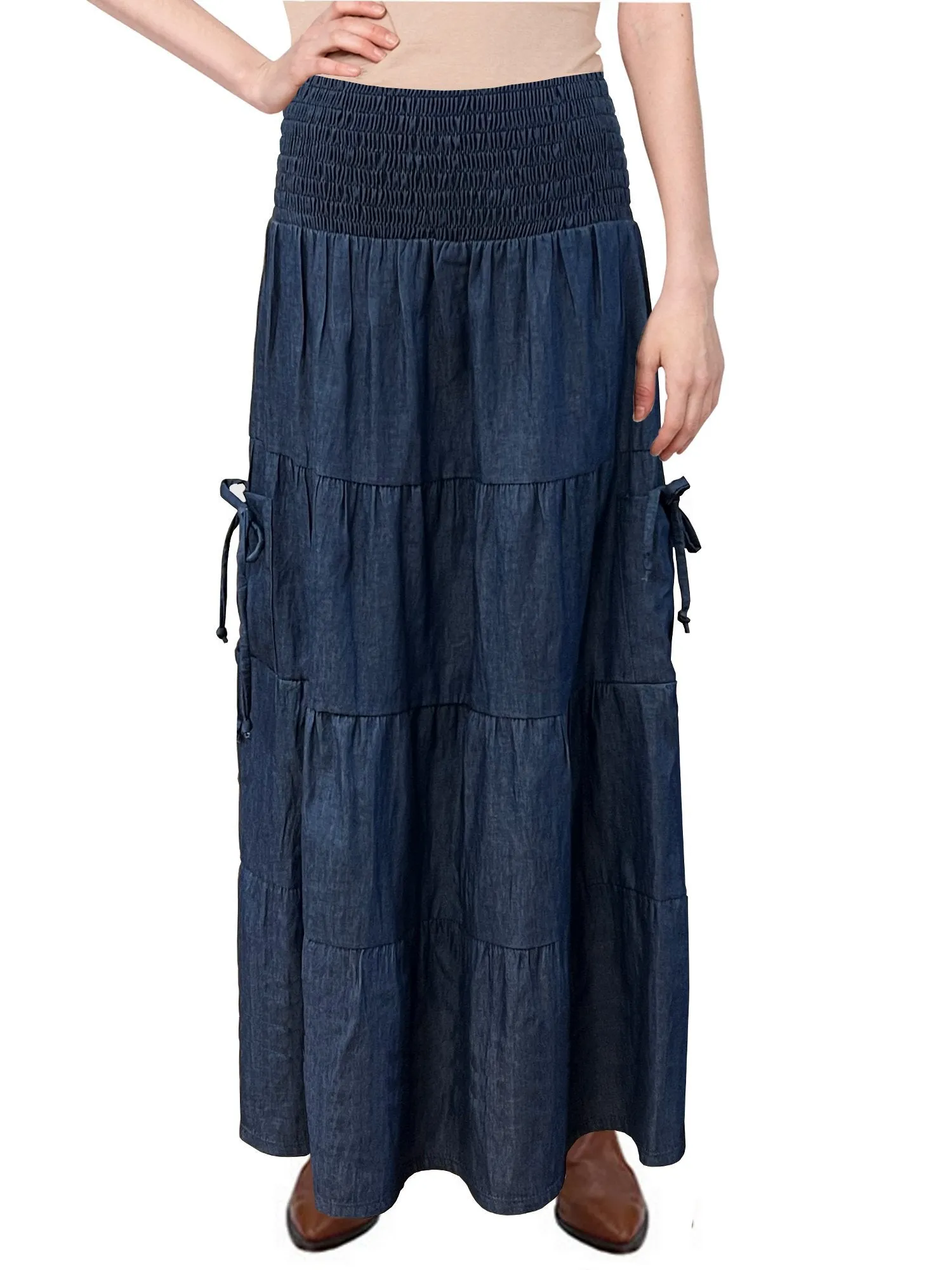 Baby'O Women's' Long Ankle Length Summer Weight Cargo Pocket Denim Tiered Prairie Skirt