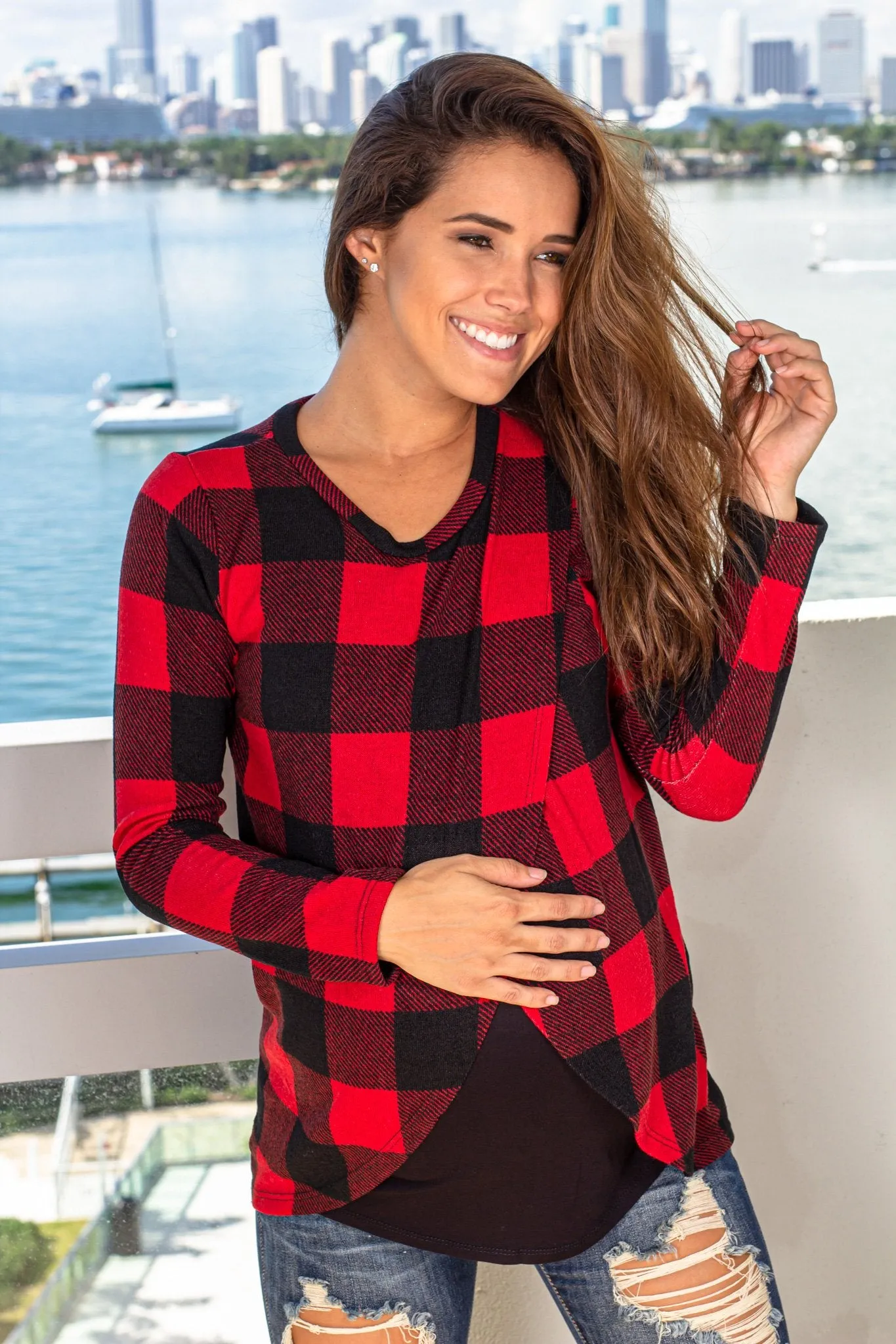 Black and Red Plaid Top with Long Sleeves