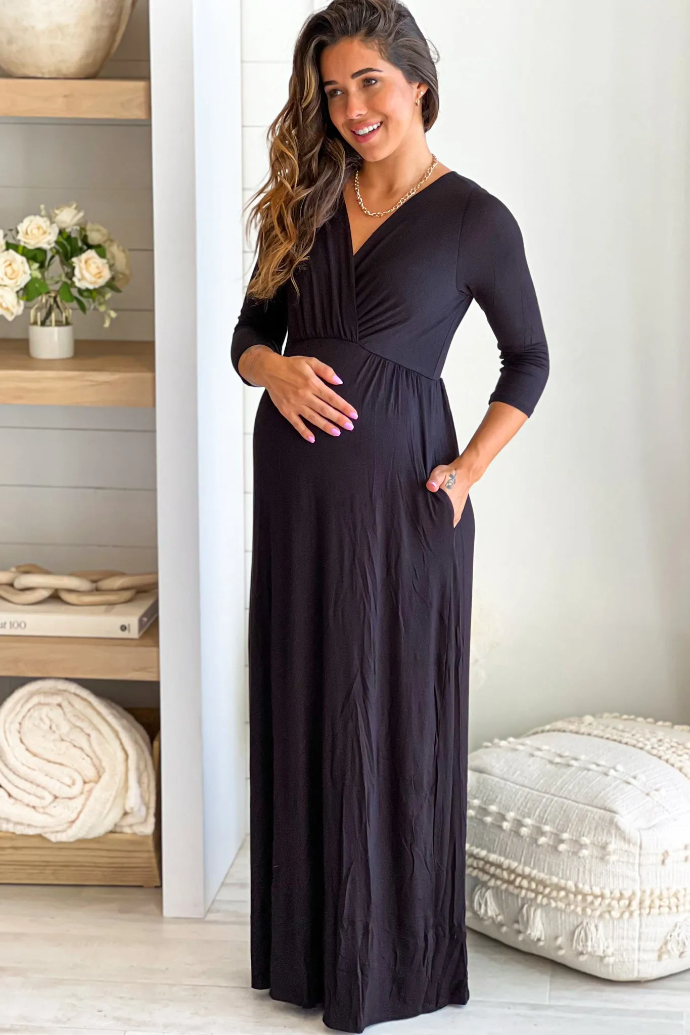 Black Maternity Maxi Dress with Sleeves