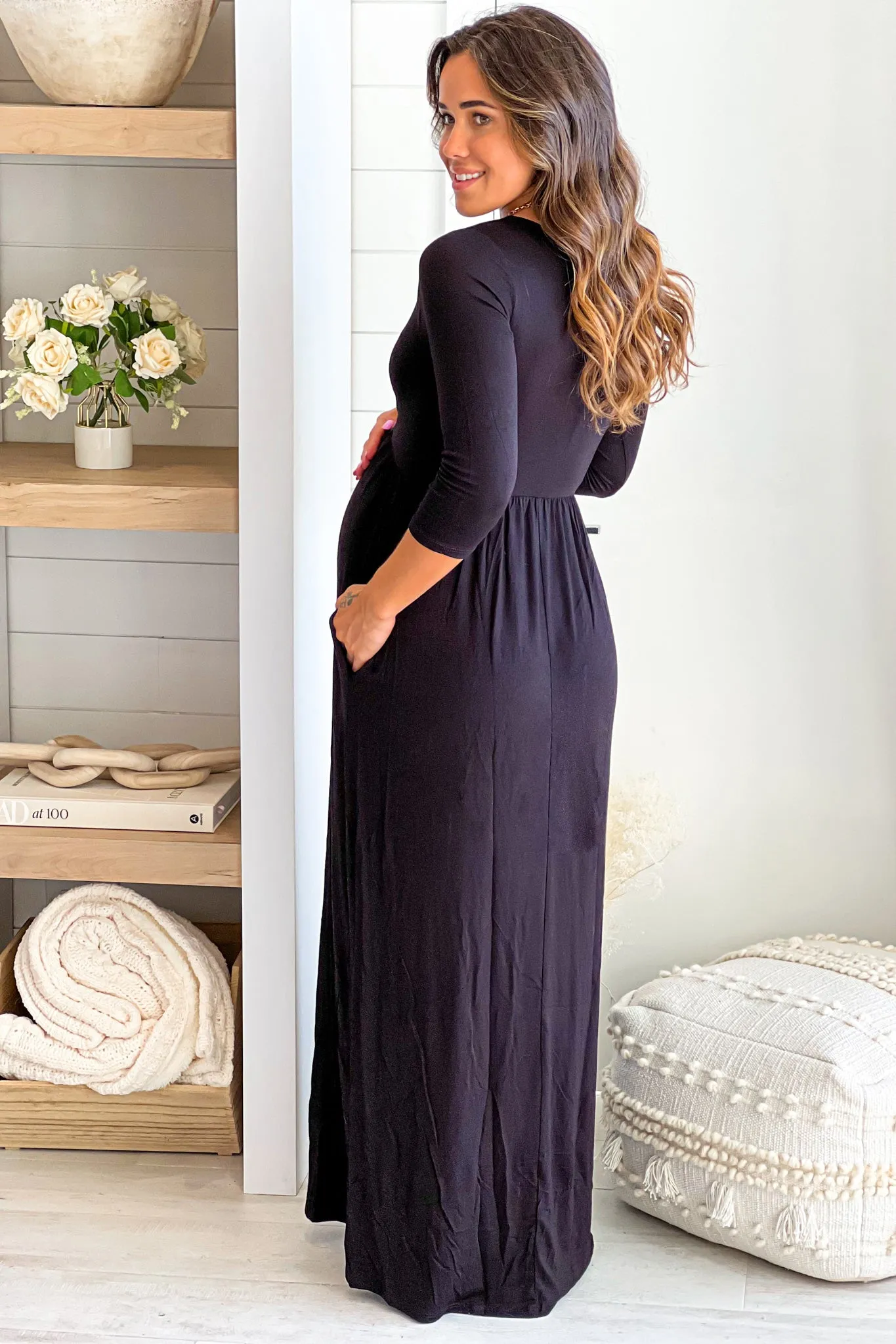 Black Maternity Maxi Dress with Sleeves