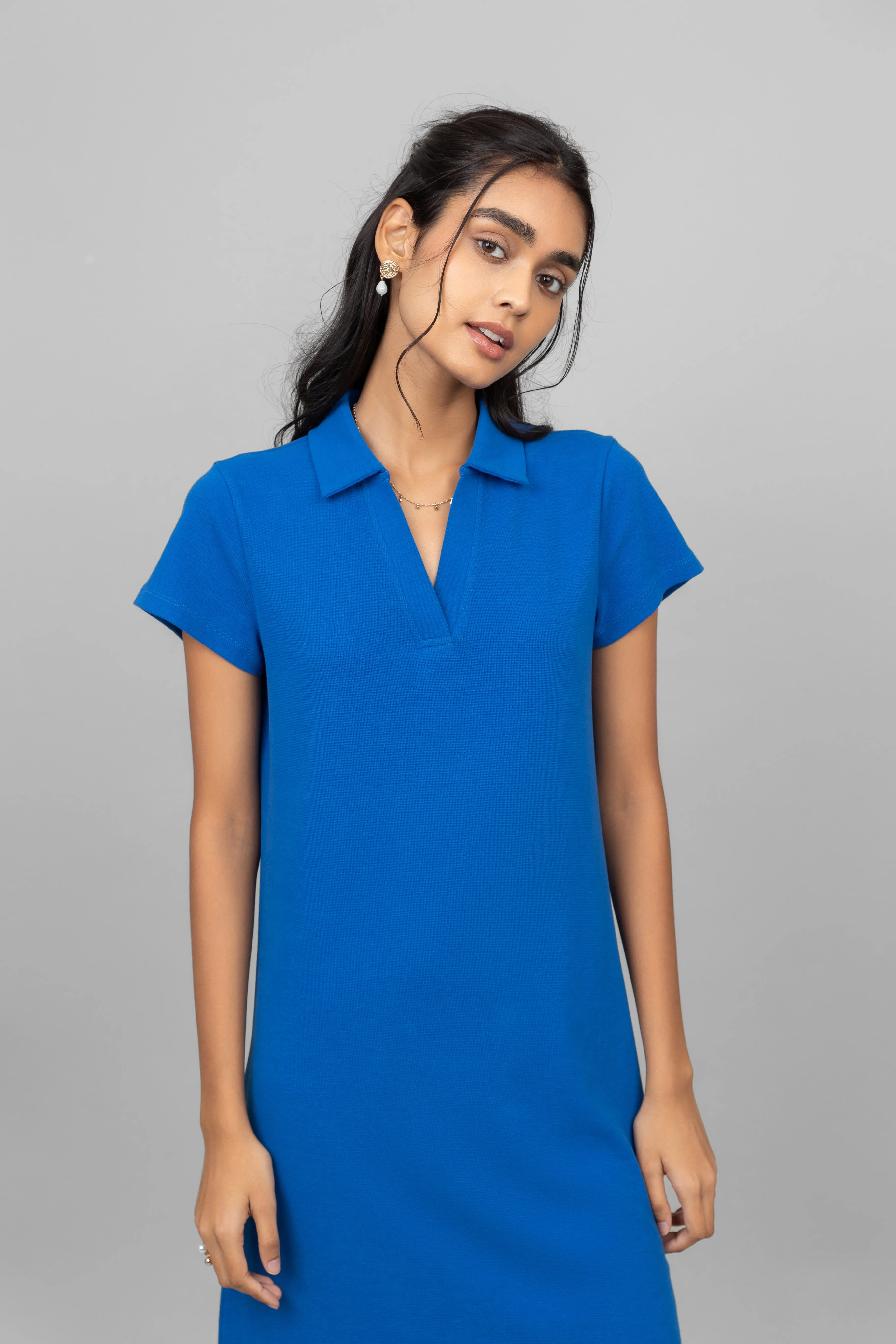 Blue Mini Waffle Short Polo Dress