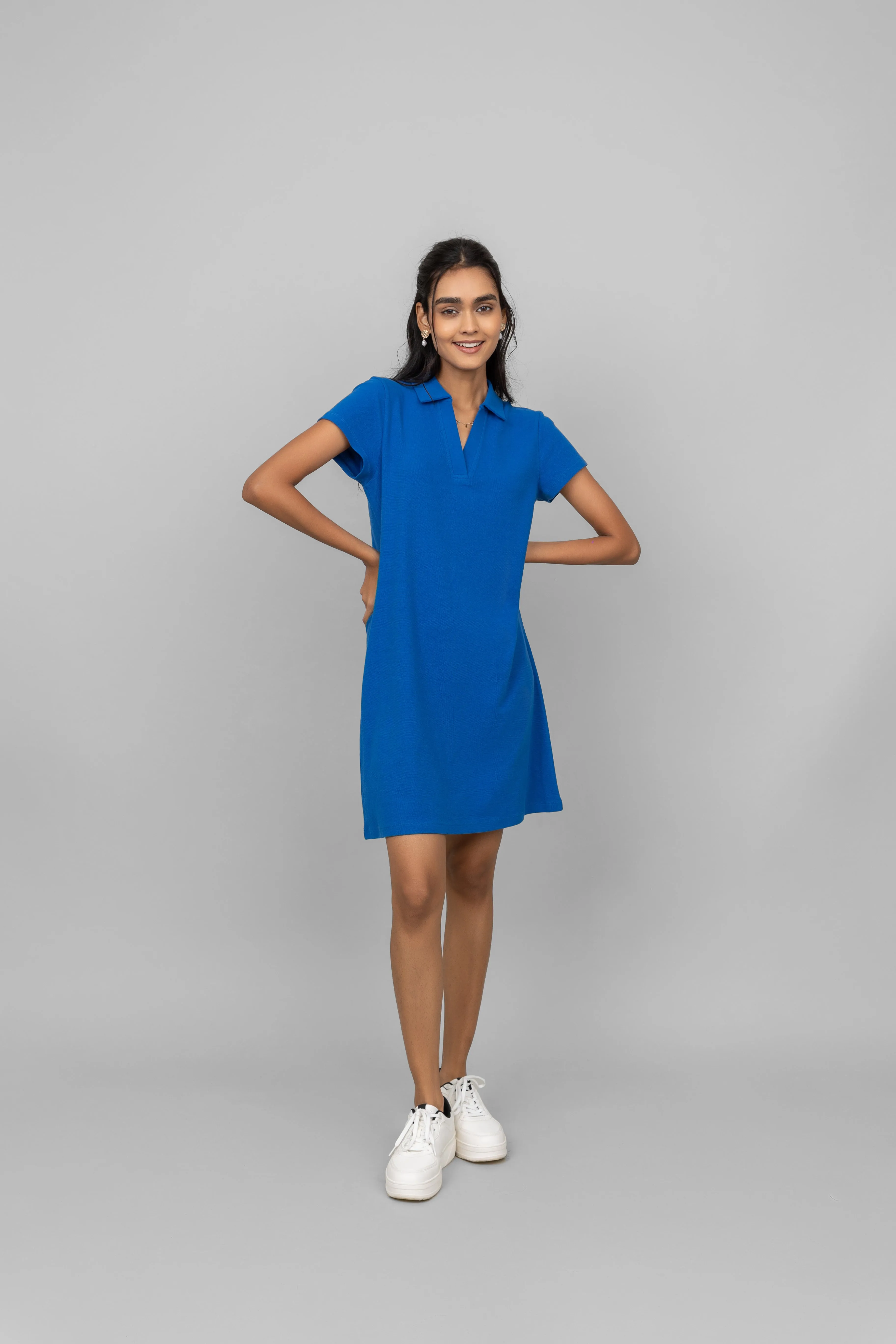 Blue Mini Waffle Short Polo Dress