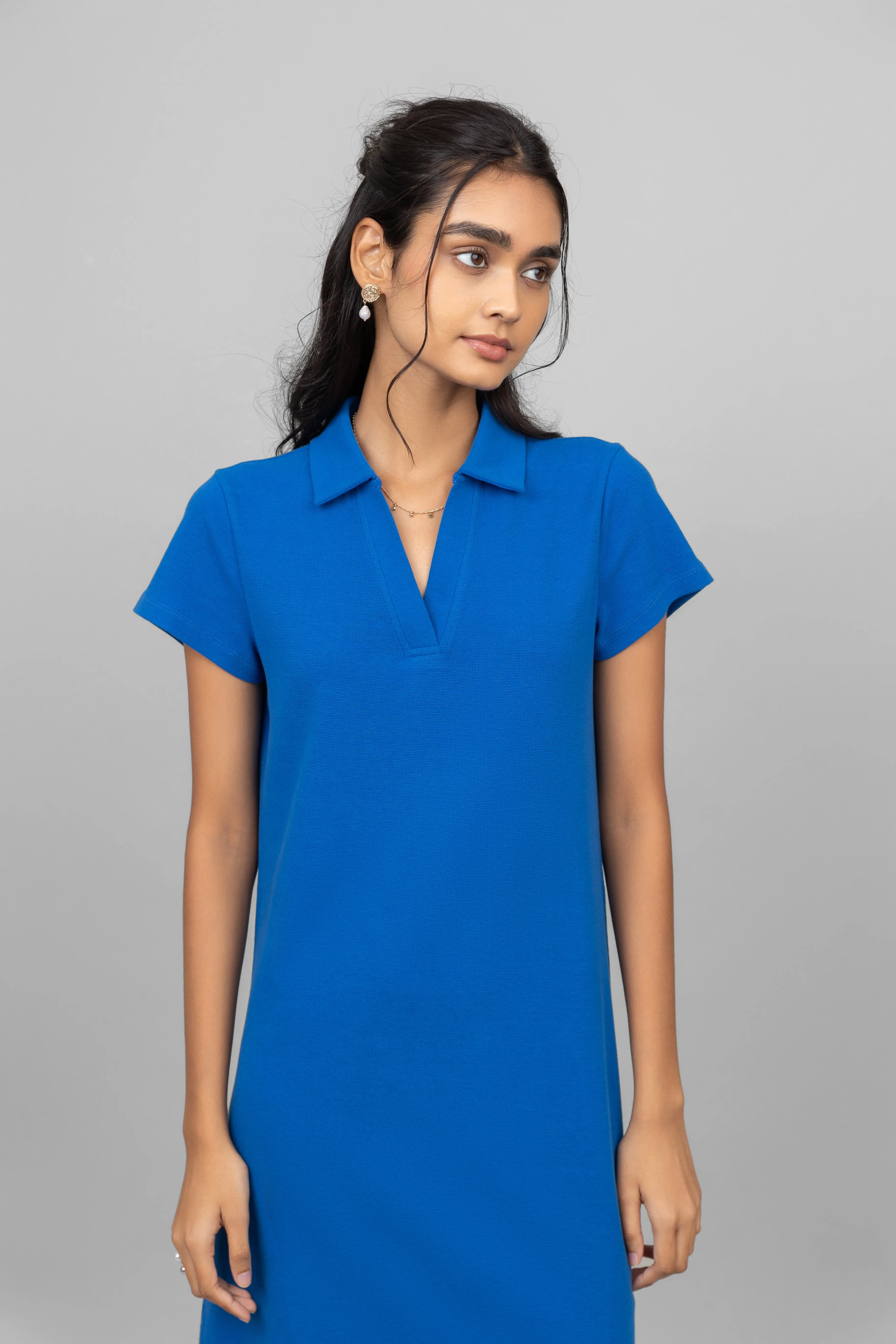 Blue Mini Waffle Short Polo Dress