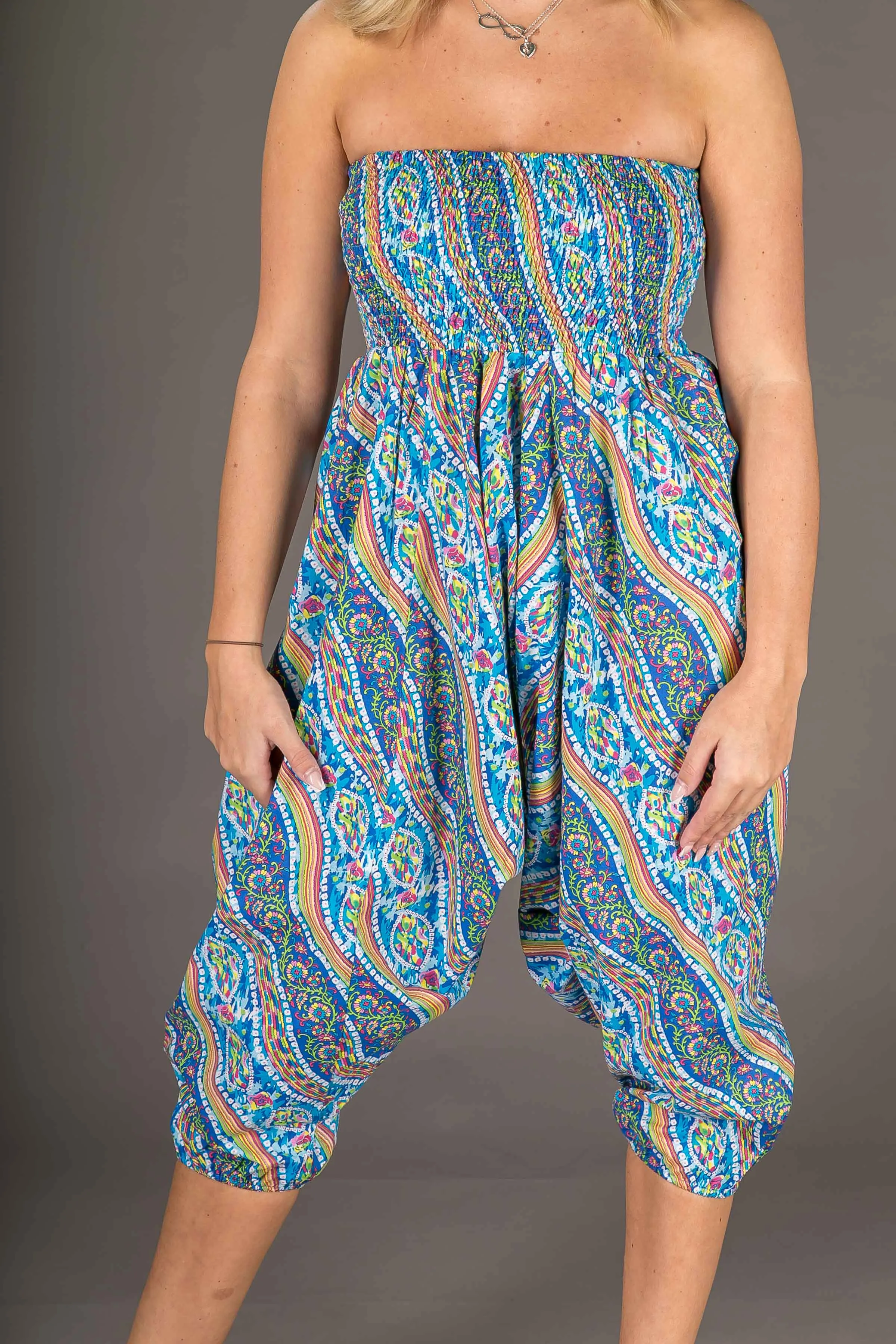 Blue Yellow Wave Print Cotton Harem Yoga Jumpsuit Pants