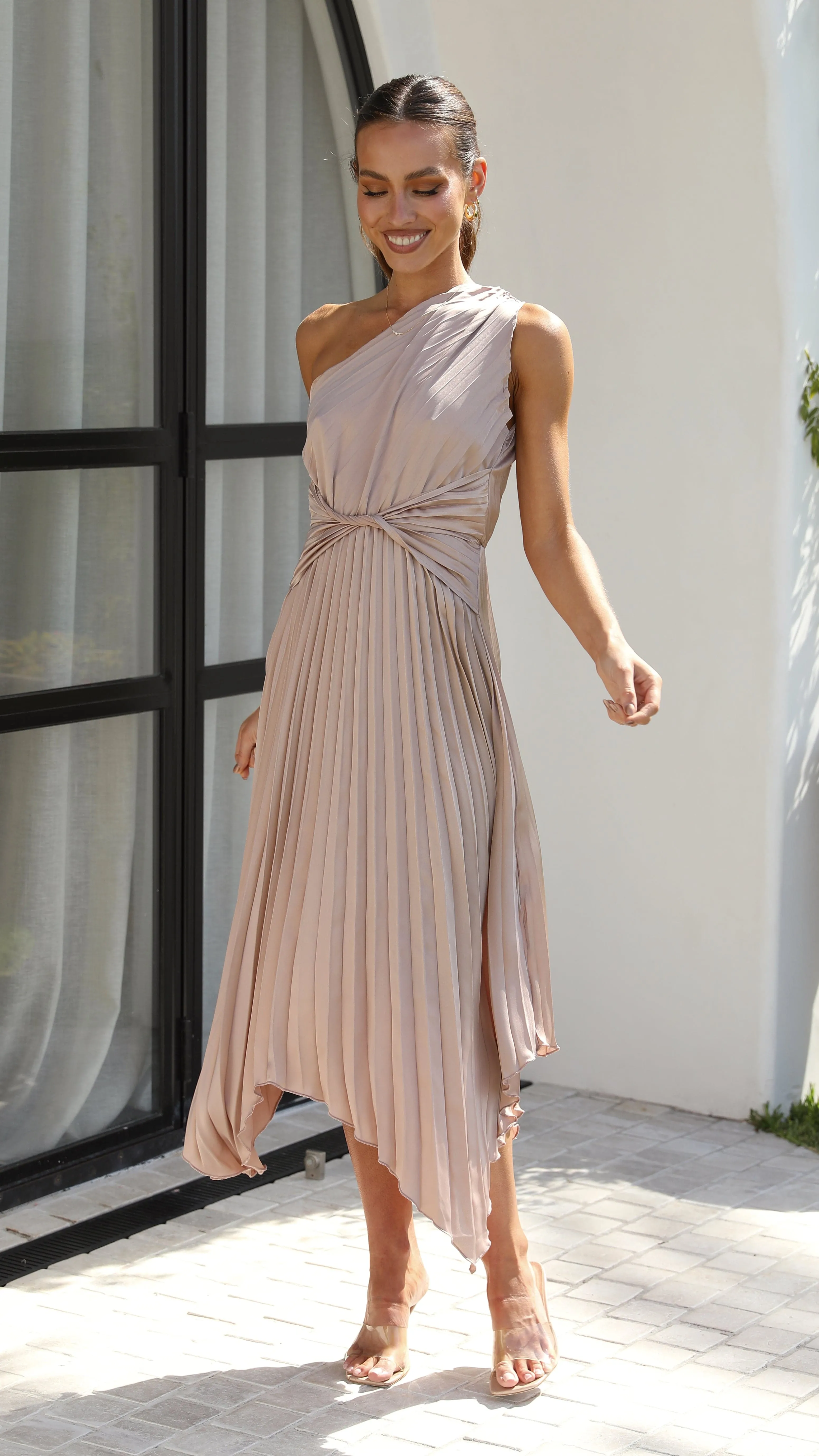 Cali One Shoulder Midi Dress - Oyster