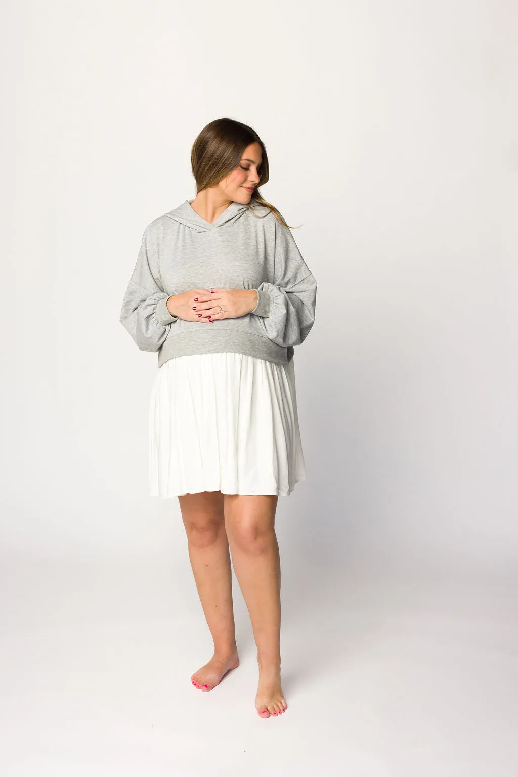 Caroline Hoodie/Babydoll Mini Dress in Heather Grey/Off-White