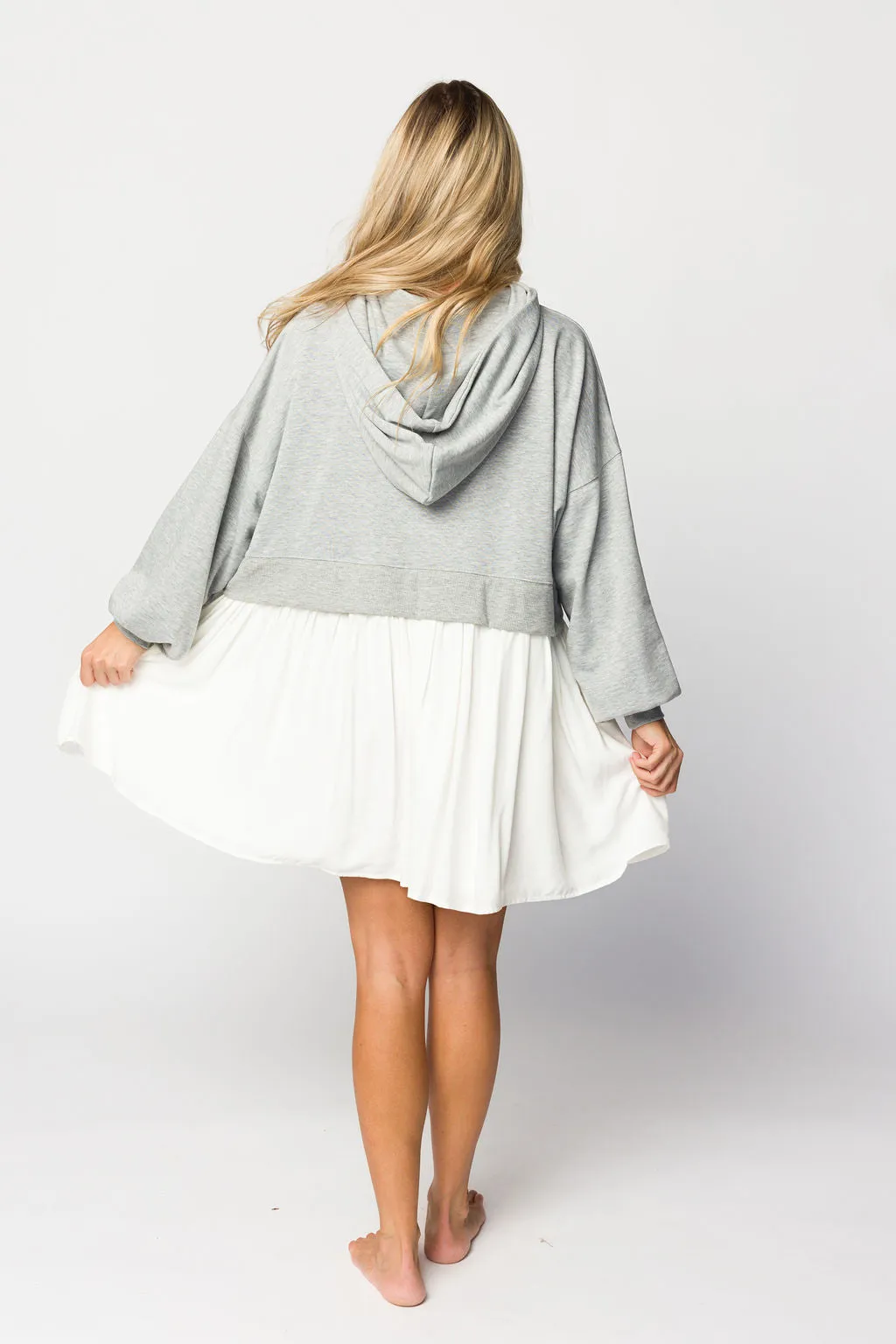 Caroline Hoodie/Babydoll Mini Dress in Heather Grey/Off-White