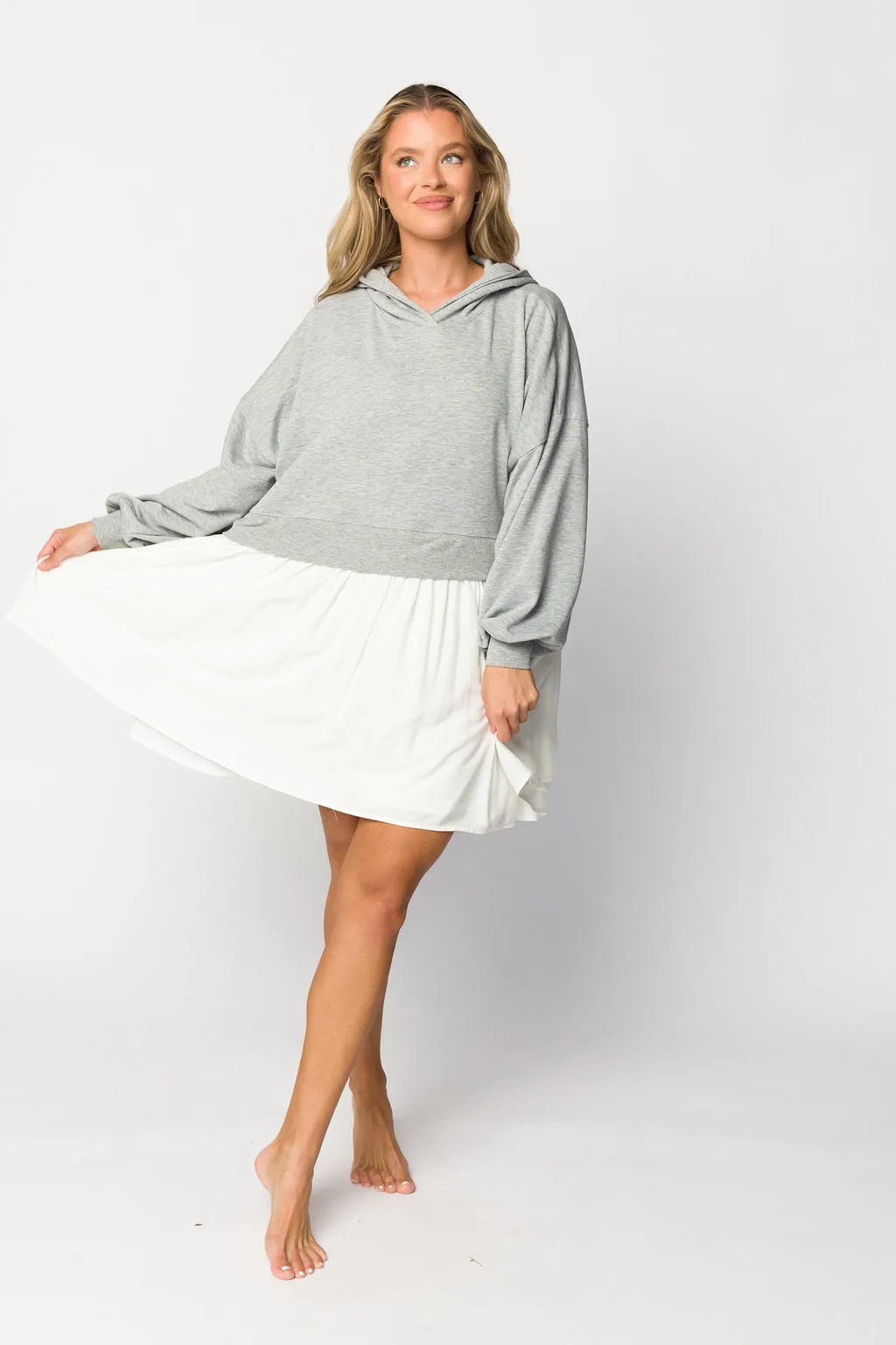 Caroline Hoodie/Babydoll Mini Dress in Heather Grey/Off-White