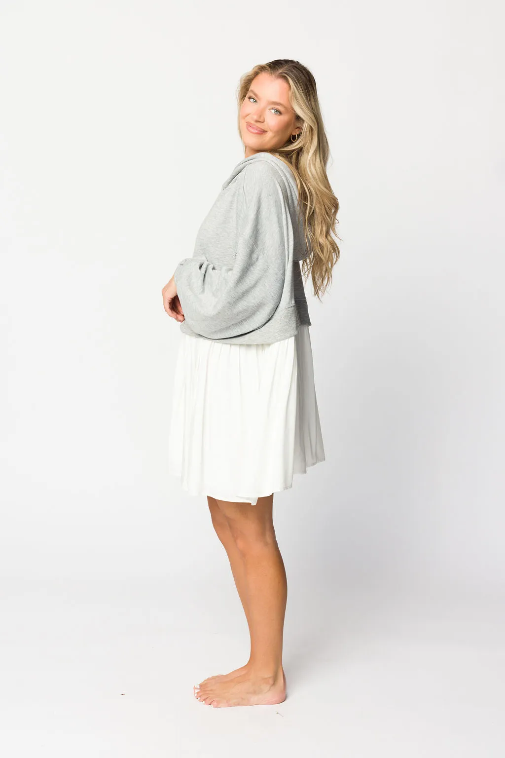 Caroline Hoodie/Babydoll Mini Dress in Heather Grey/Off-White