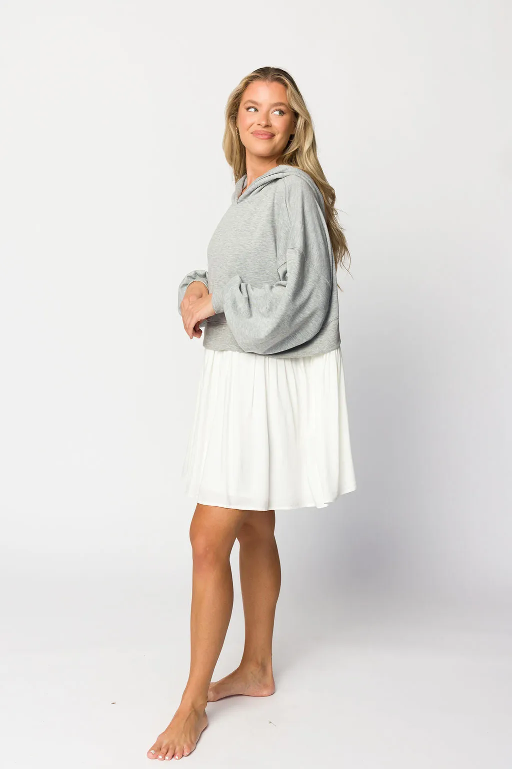 Caroline Hoodie/Babydoll Mini Dress in Heather Grey/Off-White