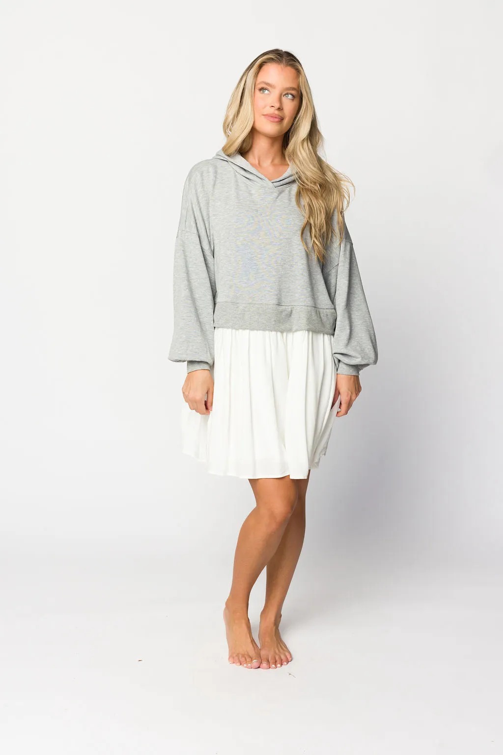 Caroline Hoodie/Babydoll Mini Dress in Heather Grey/Off-White