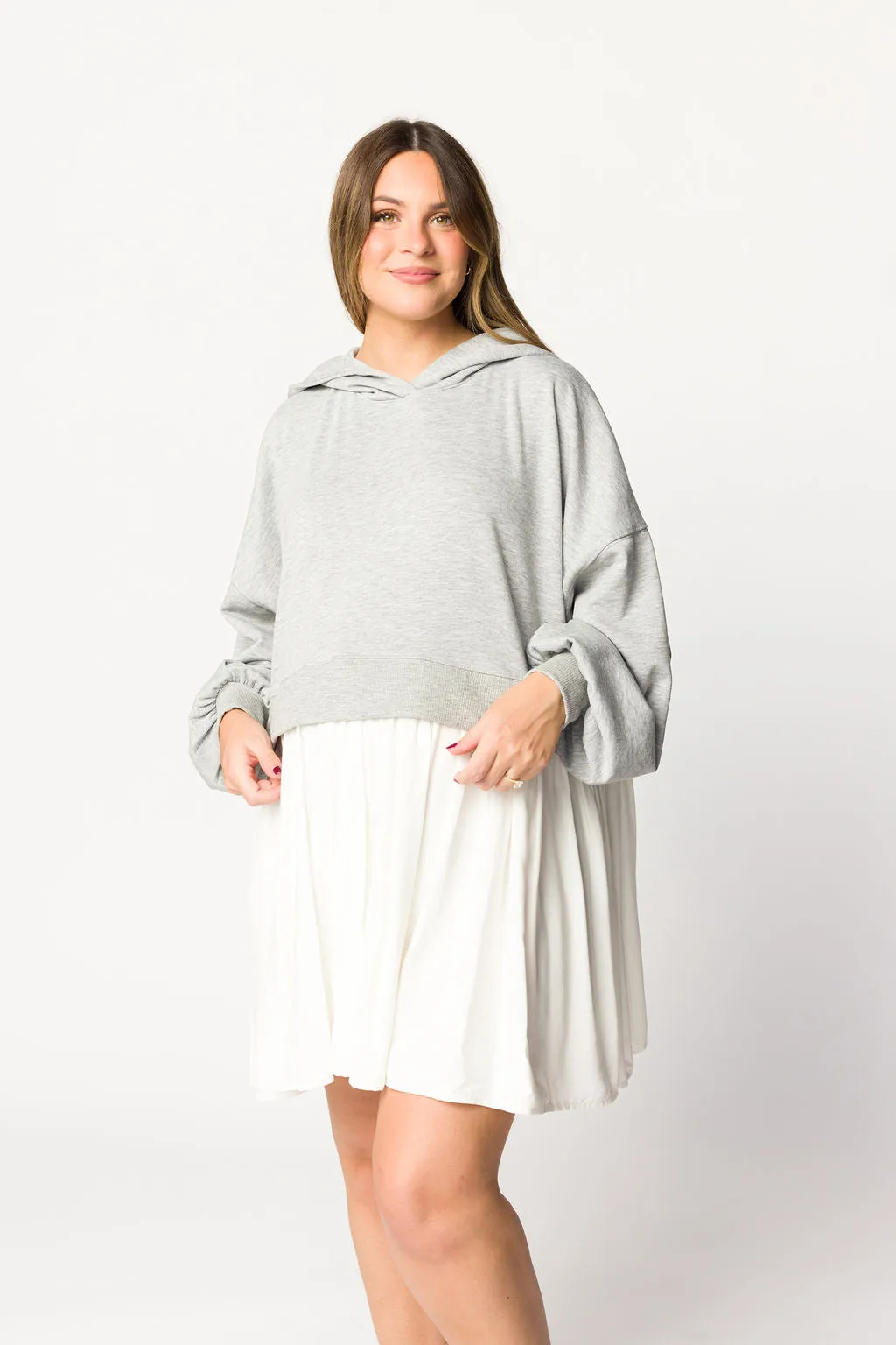 Caroline Hoodie/Babydoll Mini Dress in Heather Grey/Off-White