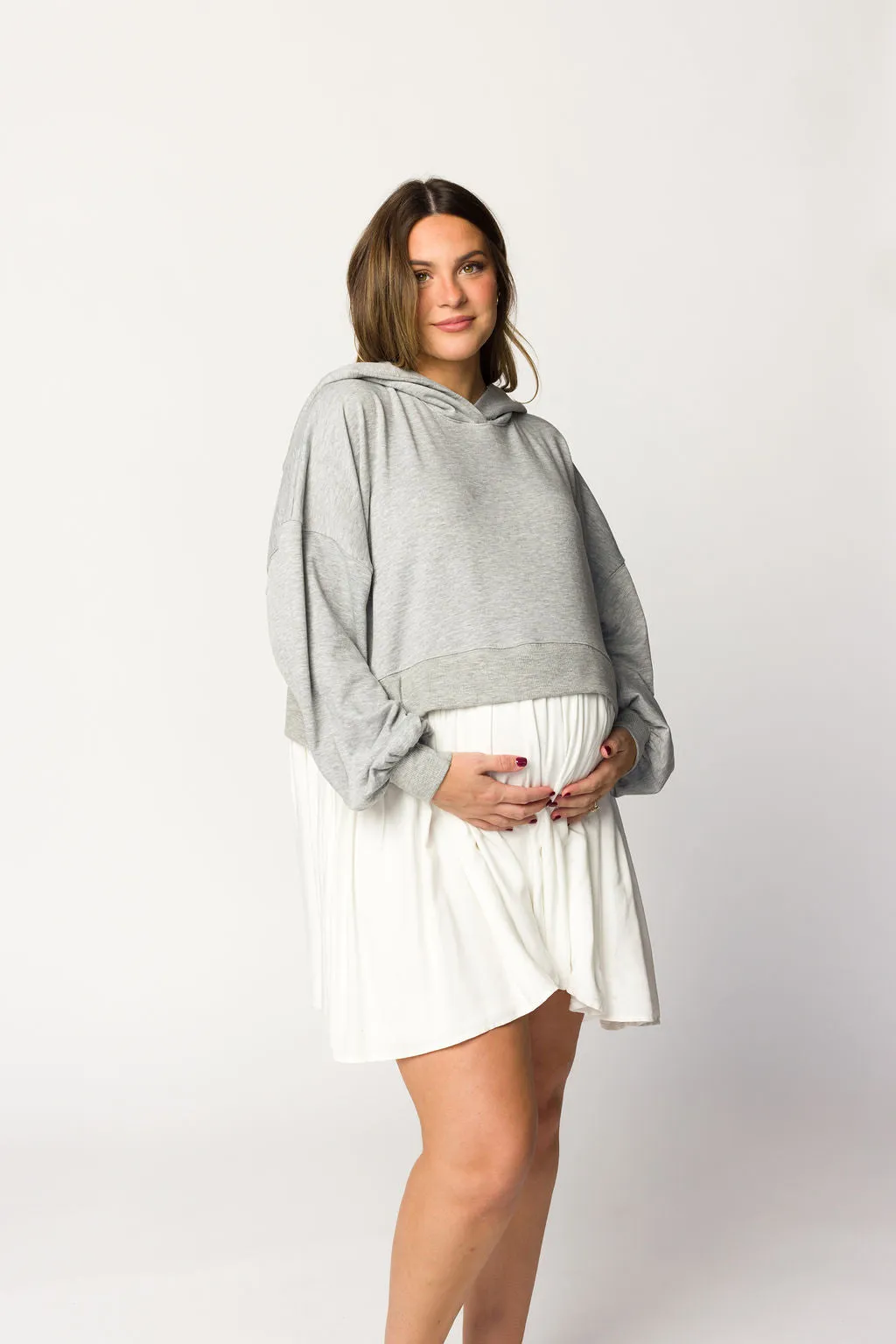 Caroline Hoodie/Babydoll Mini Dress in Heather Grey/Off-White