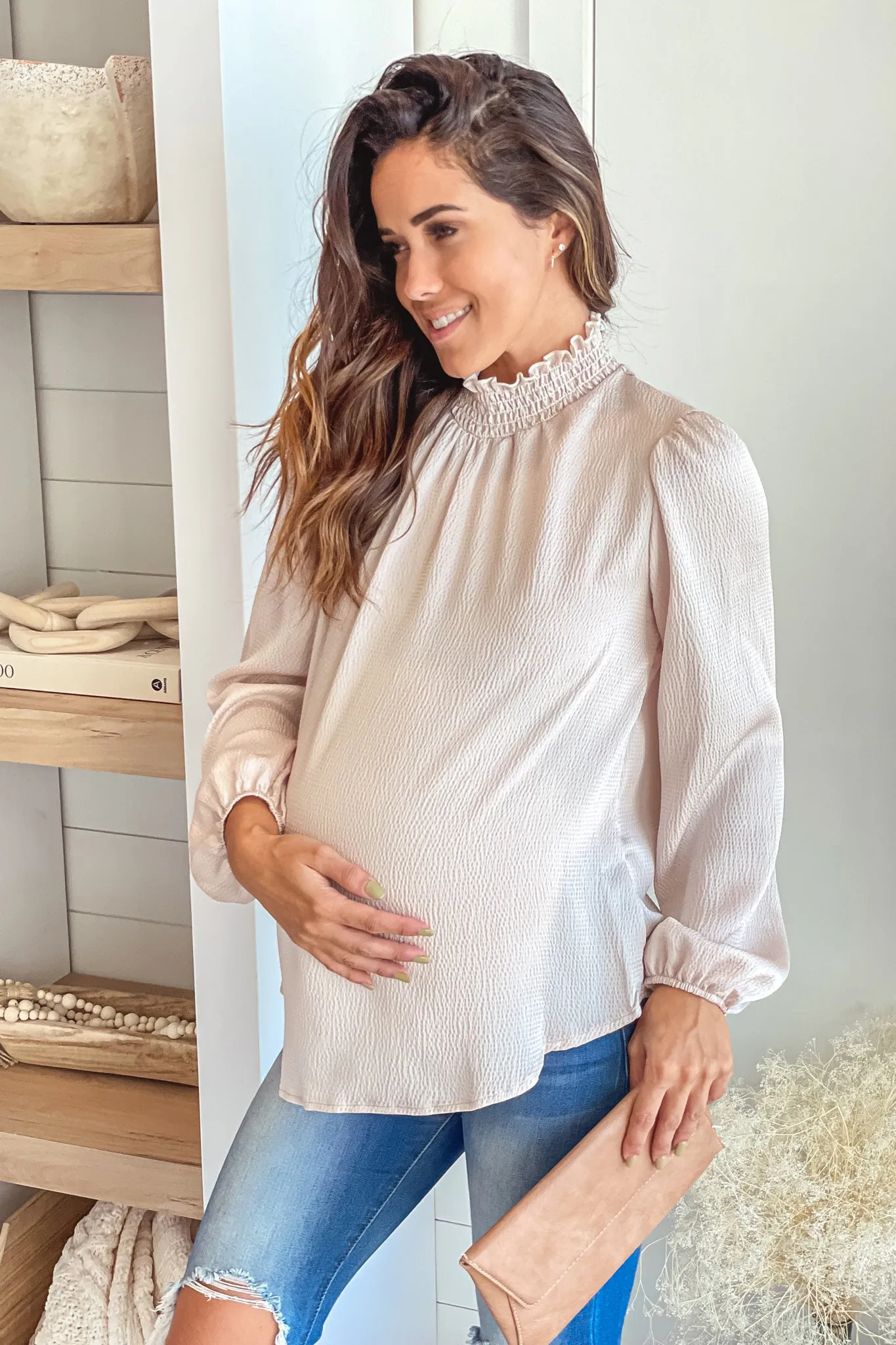 Champagne Satin Mock Neck Maternity Top