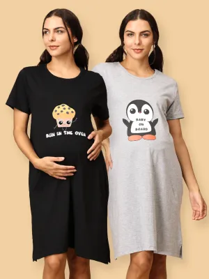 Combo Of Bun in the Oven & Baby On Board Maternity T-Shirt Dress