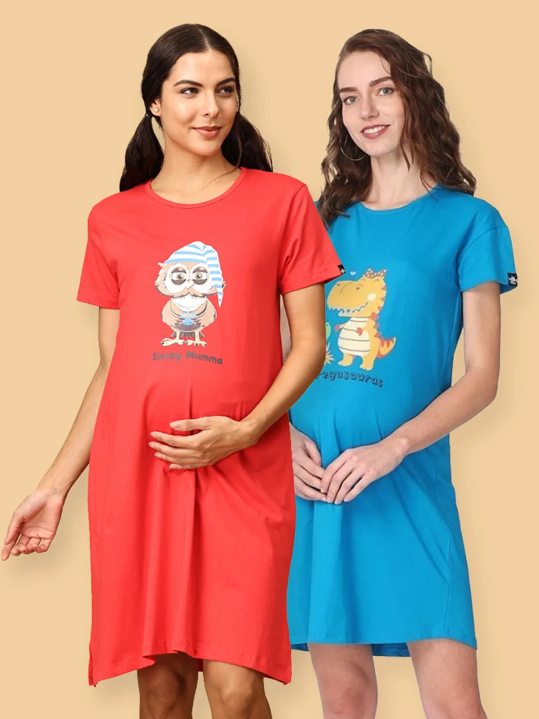 Combo Of Sleepy Mumma & Pregasaurus Maternity T-Shirt Dress