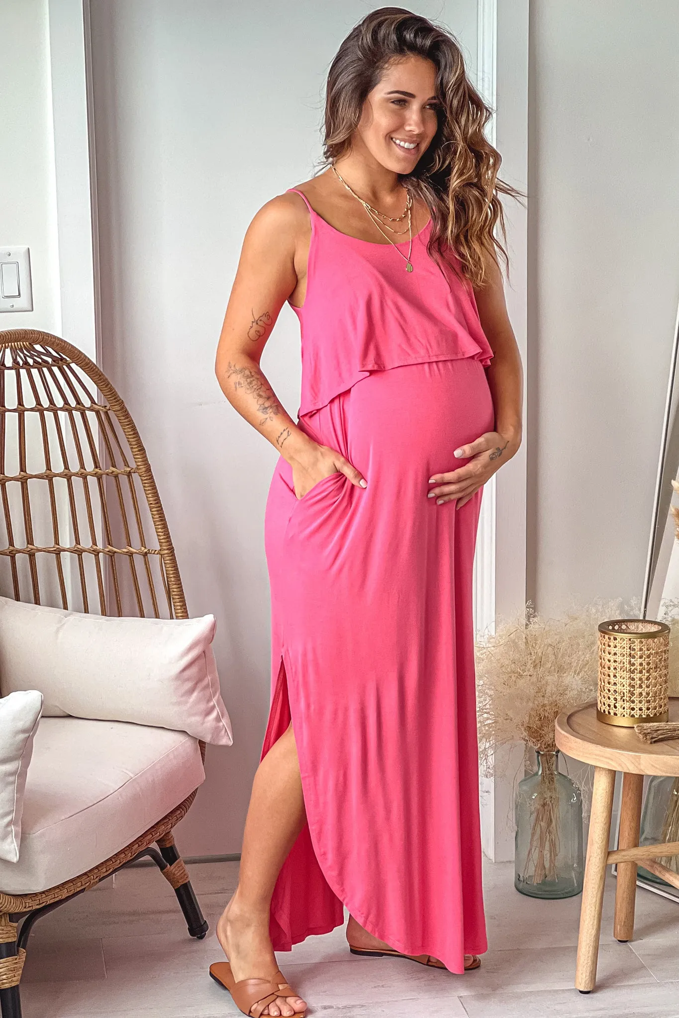 Coral Maternity Maxi Dress with Side Slits