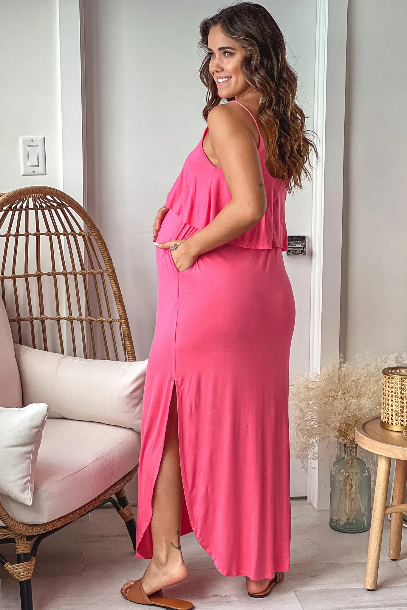 Coral Maternity Maxi Dress with Side Slits