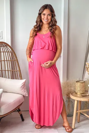 Coral Maternity Maxi Dress with Side Slits