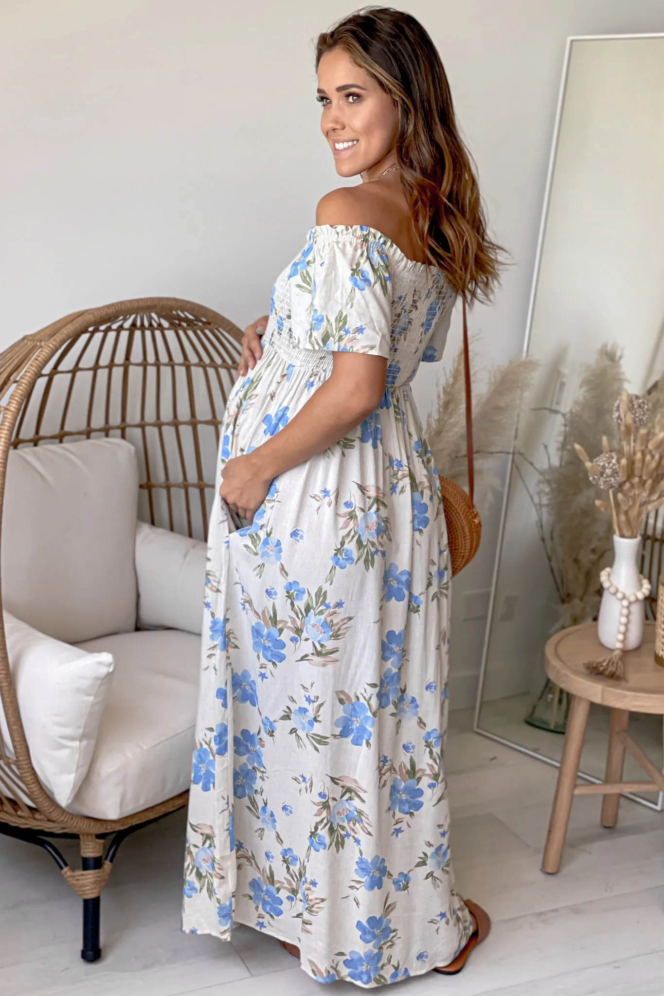 Cream and Blue Off Shoulder Maternity Maxi Dress