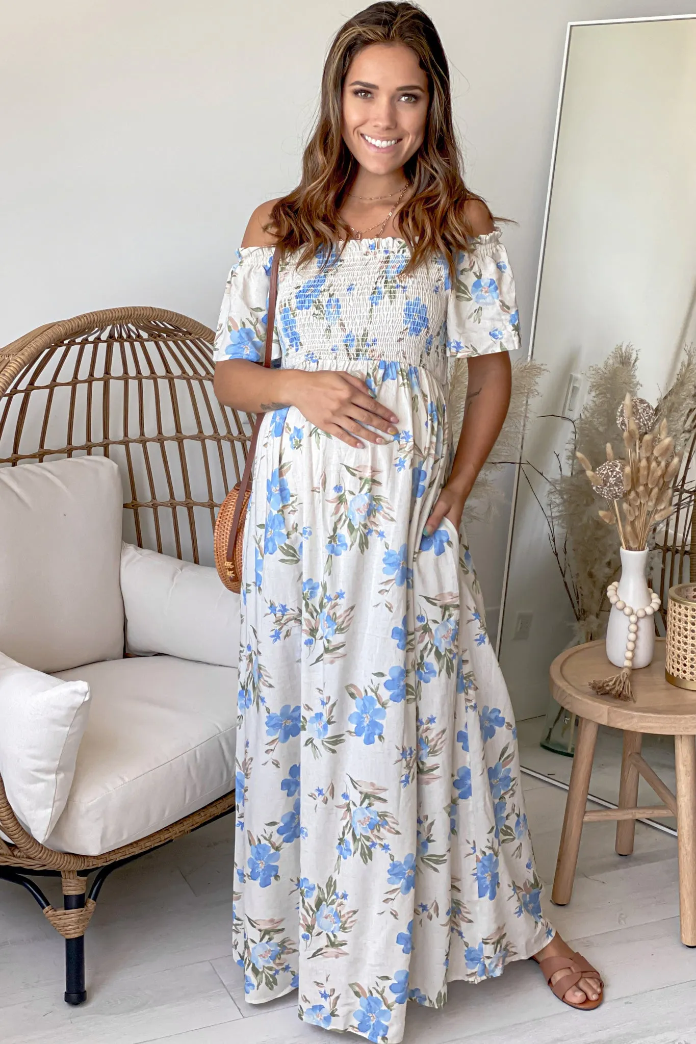 Cream and Blue Off Shoulder Maternity Maxi Dress