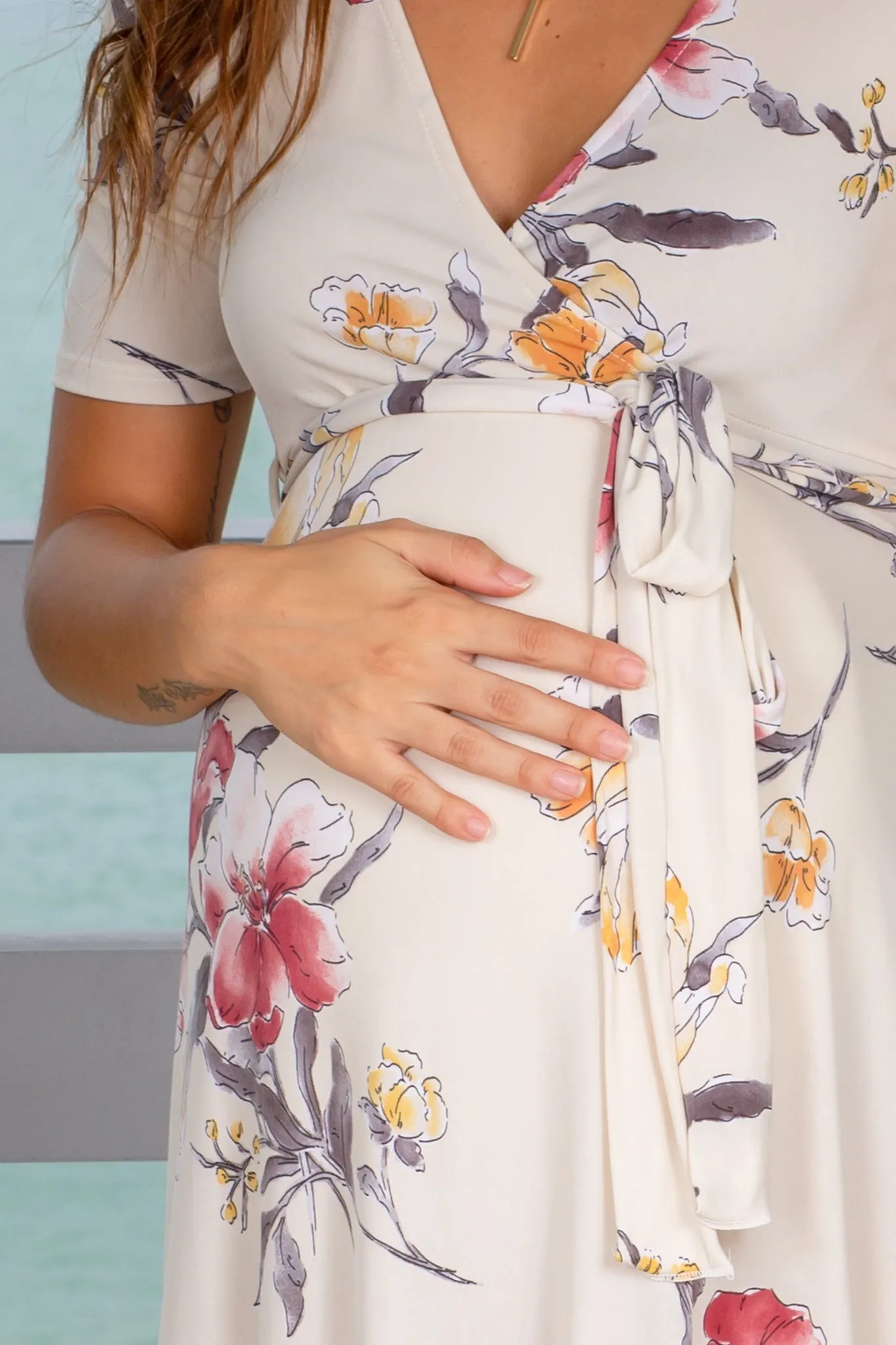 Cream V-Neck Floral Midi Dress