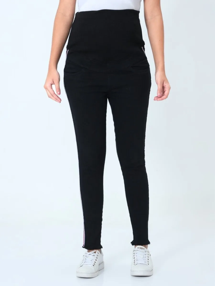 Distress Taped Maternity Denims with Belly Support-Black