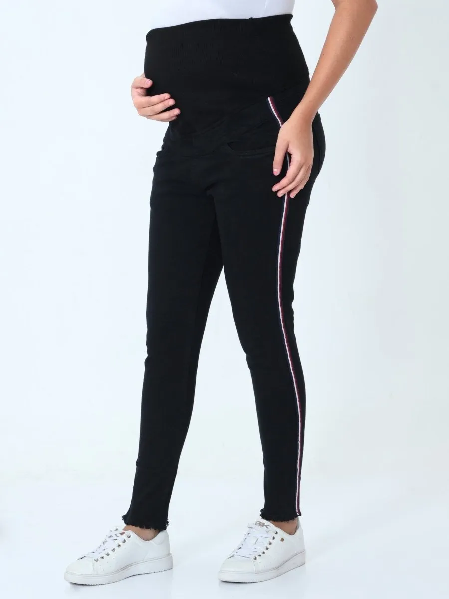 Distress Taped Maternity Denims with Belly Support-Black