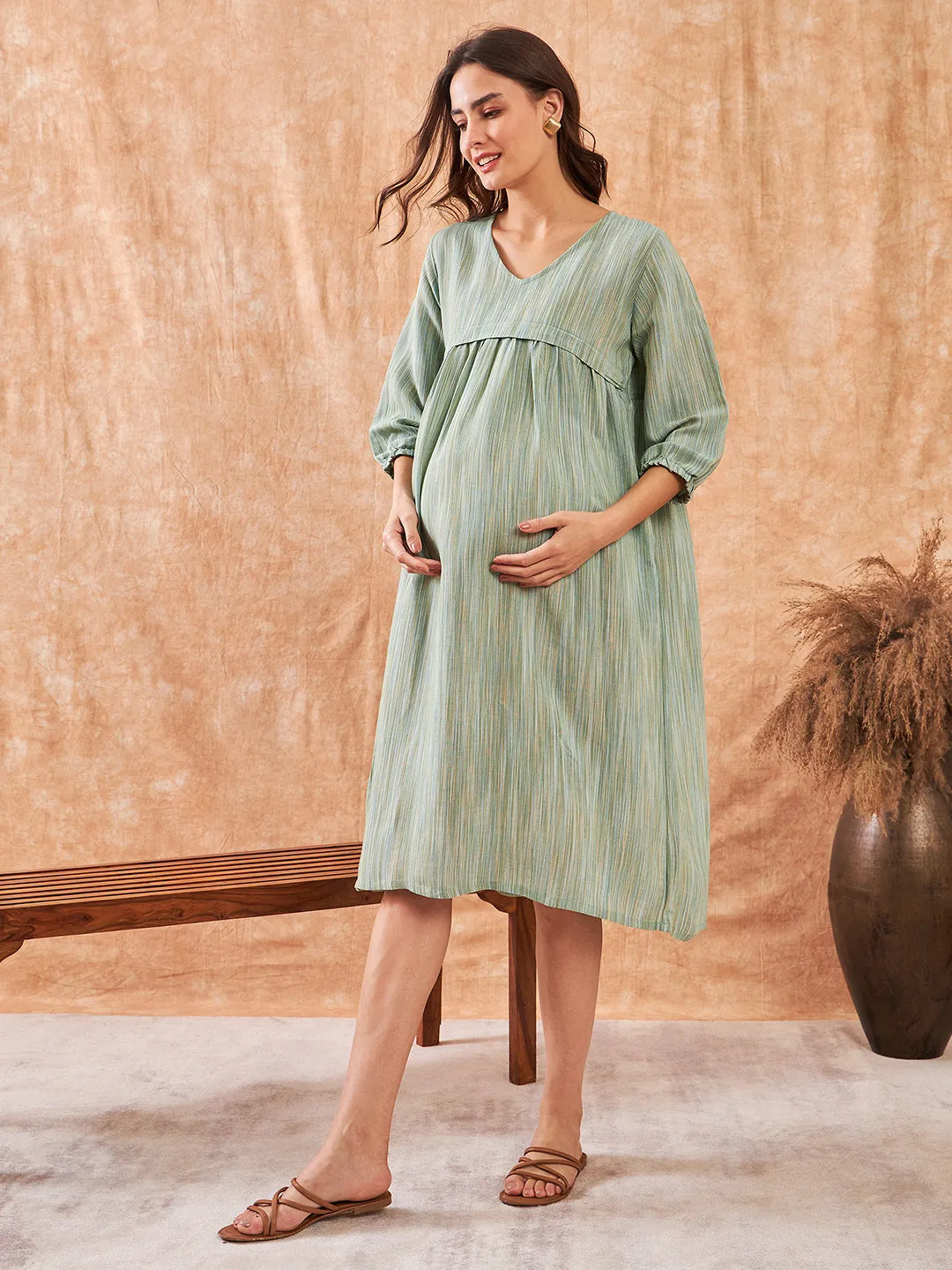 Earthy Emerald Soft Linen Maternity and Feeding Dress (Final Sale)