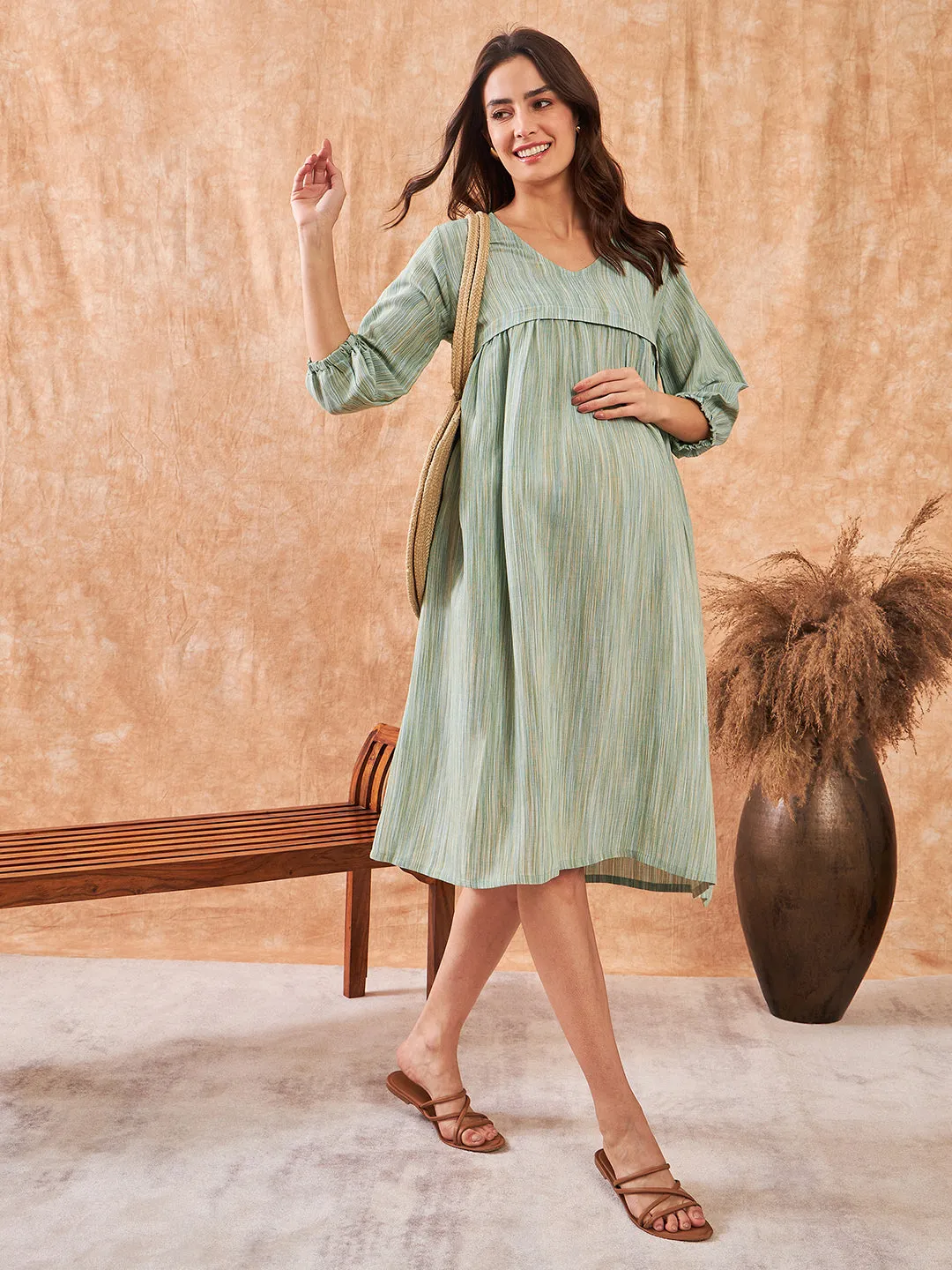 Earthy Emerald Soft Linen Maternity and Feeding Dress (Final Sale)