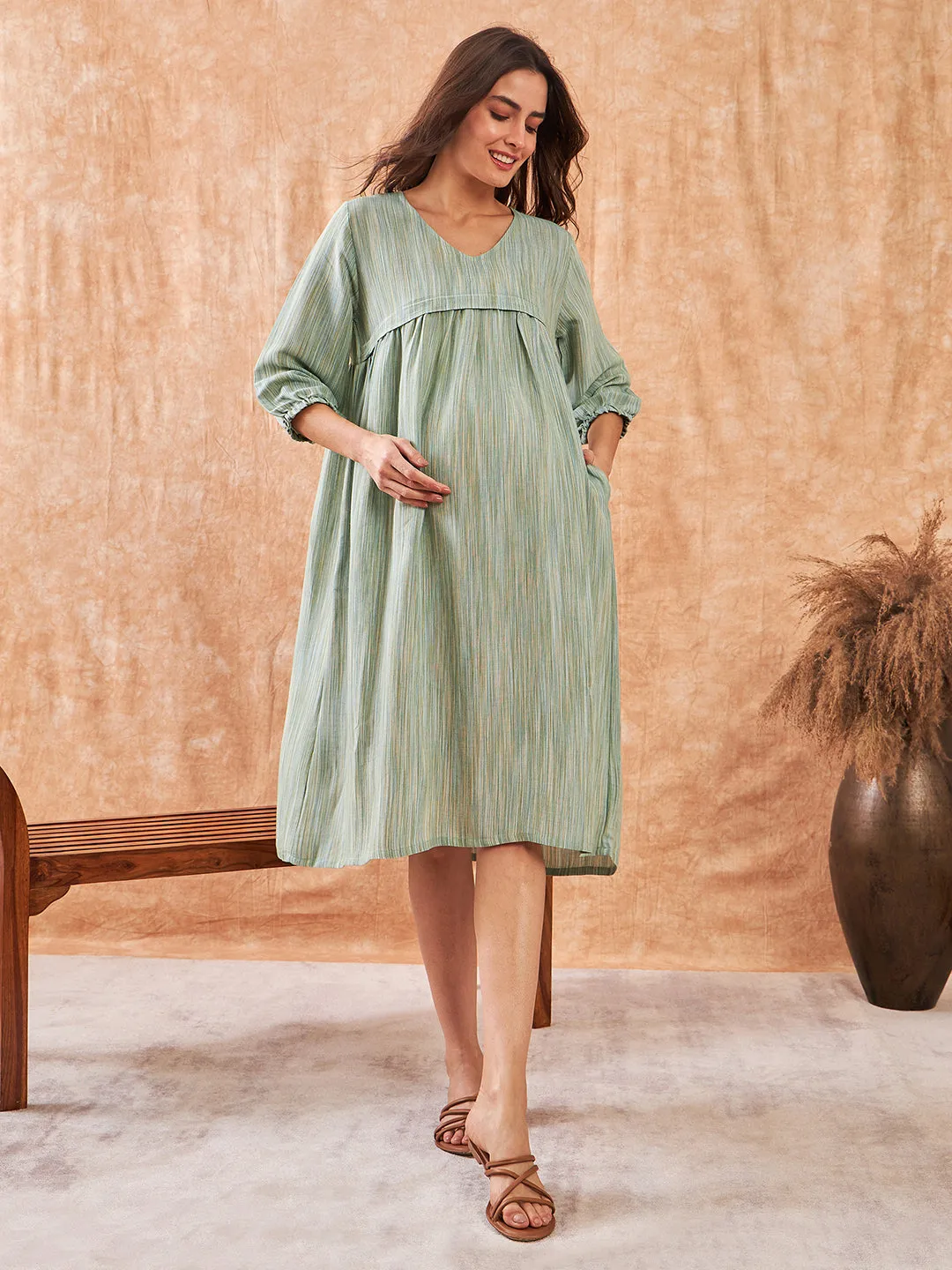 Earthy Emerald Soft Linen Maternity and Feeding Dress (Final Sale)