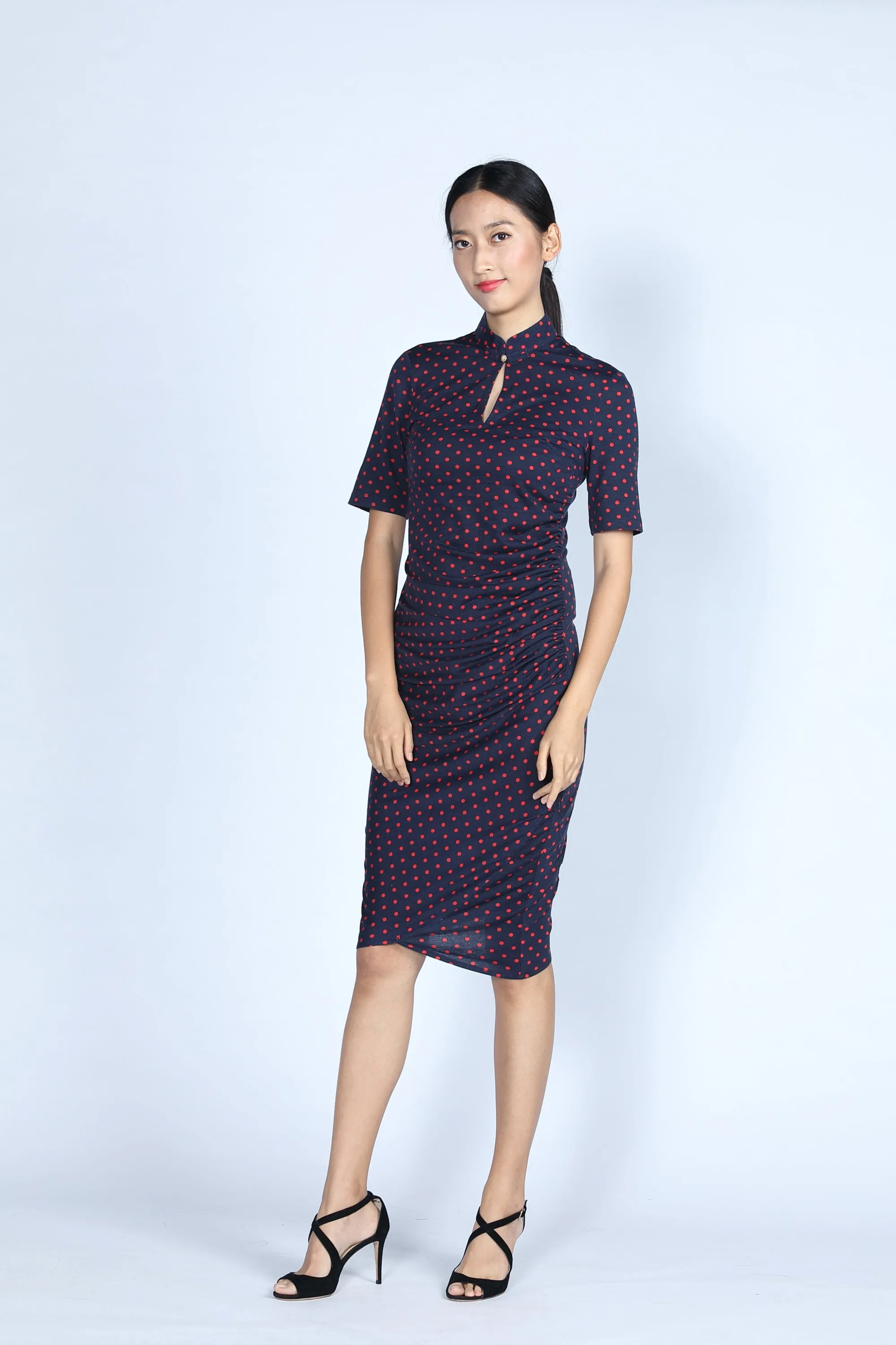 ELEANOR Polka Dot Gathered Cheongsam (Navy/ Red)