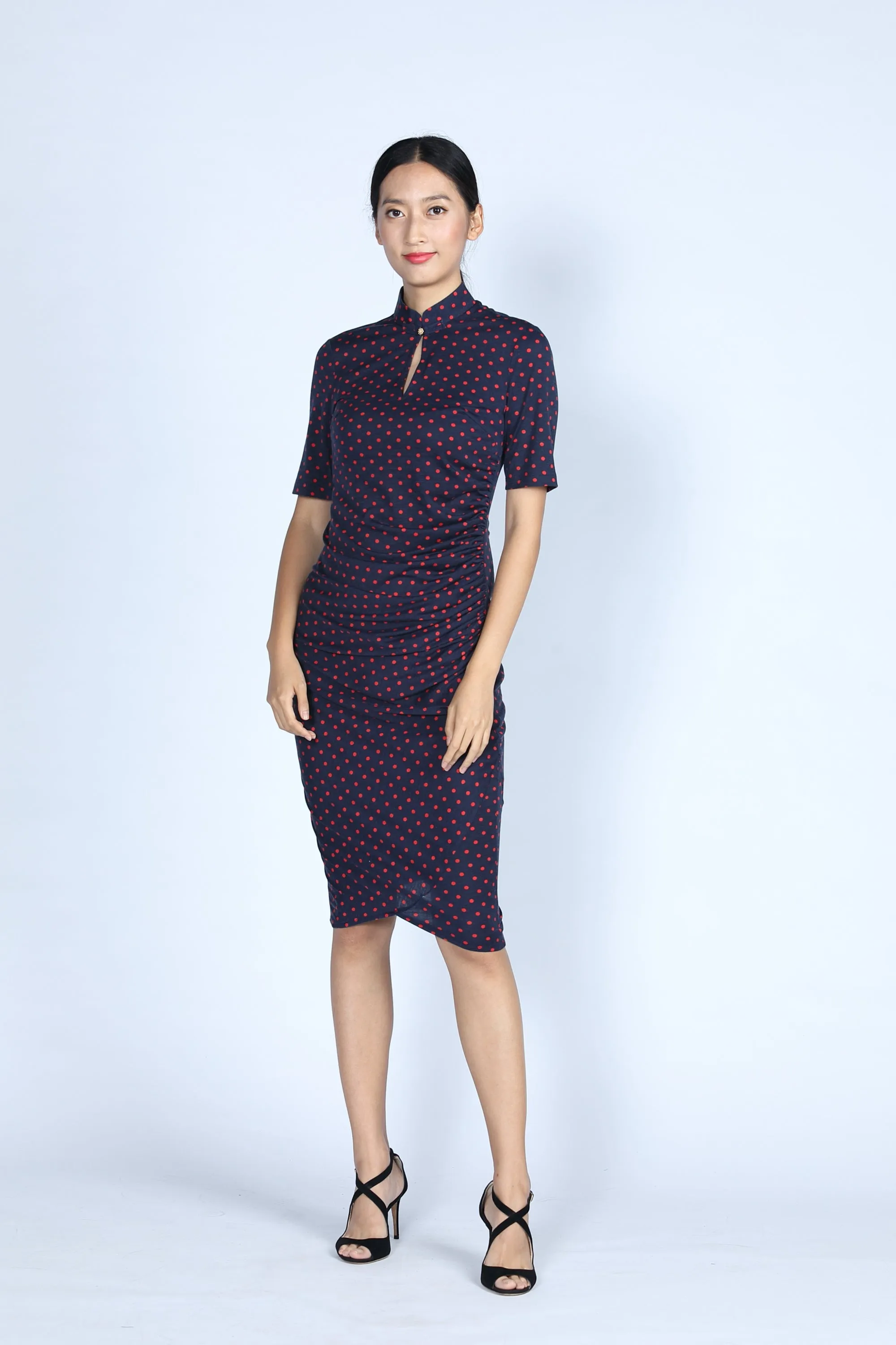 ELEANOR Polka Dot Gathered Cheongsam (Navy/ Red)