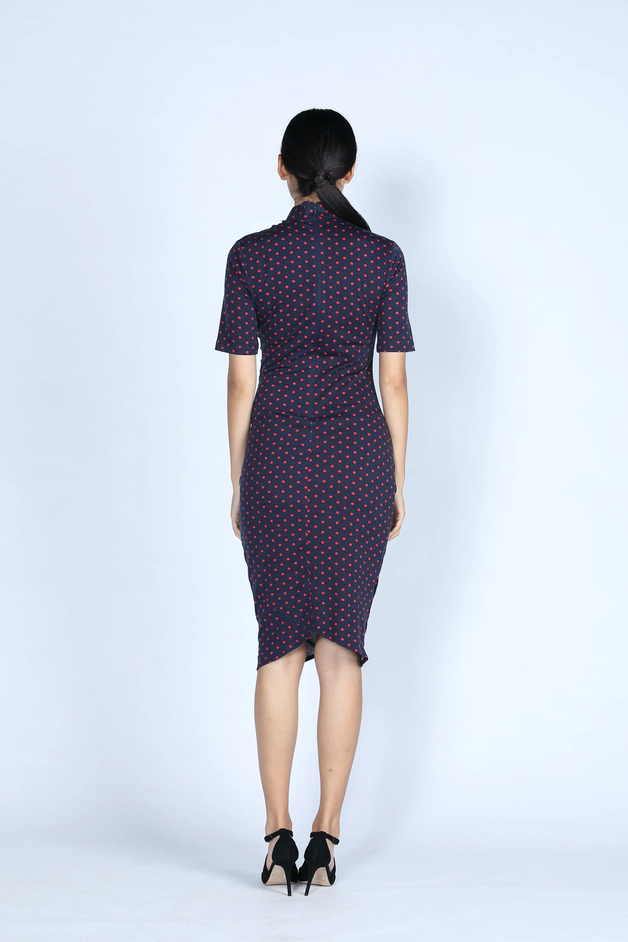 ELEANOR Polka Dot Gathered Cheongsam (Navy/ Red)