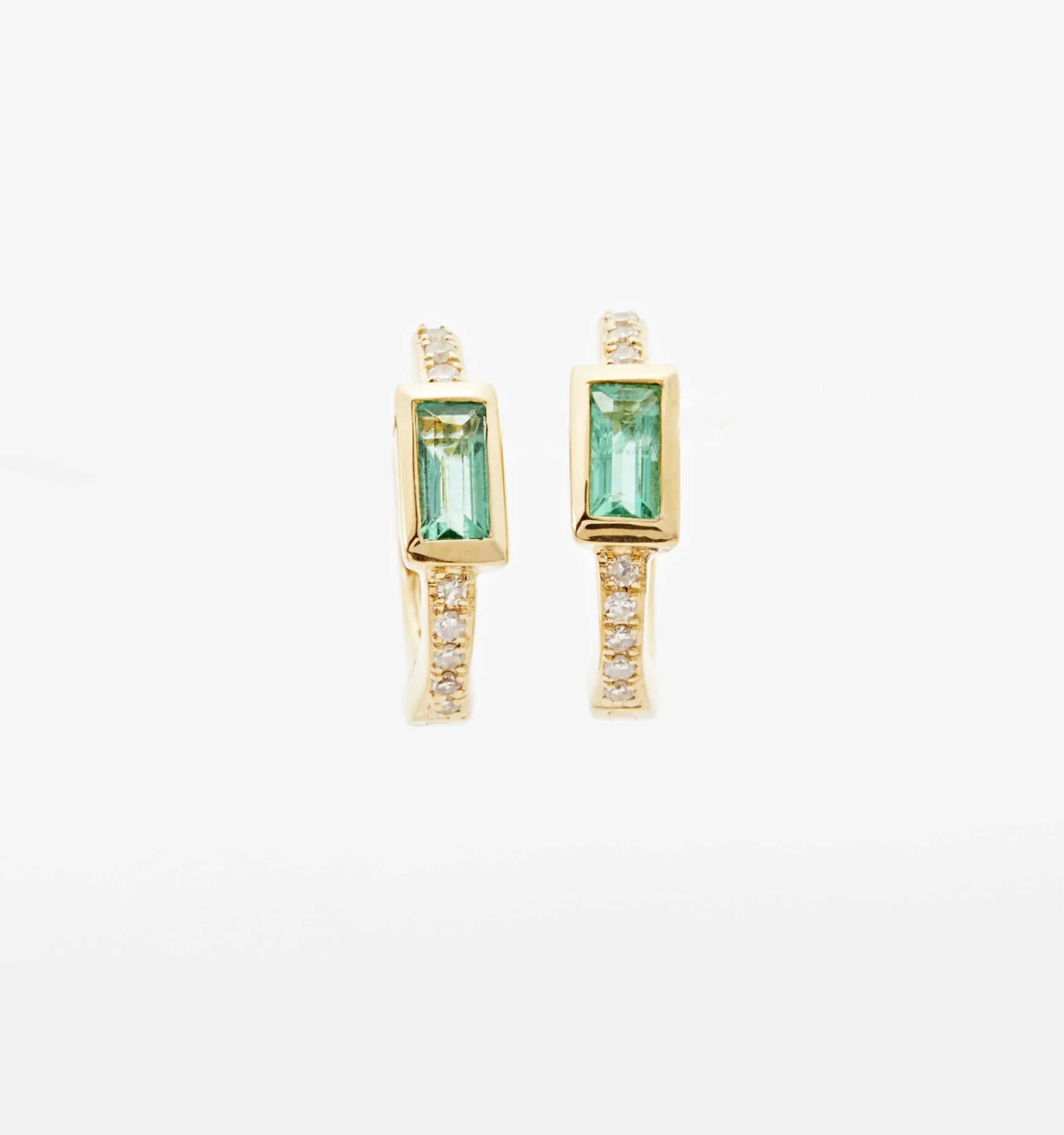 Emerald Baguette Diamond Hoops In 14K Solid Gold