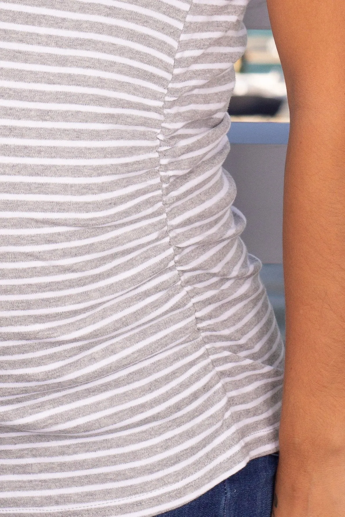 Gray Striped Top with Ruched Sides