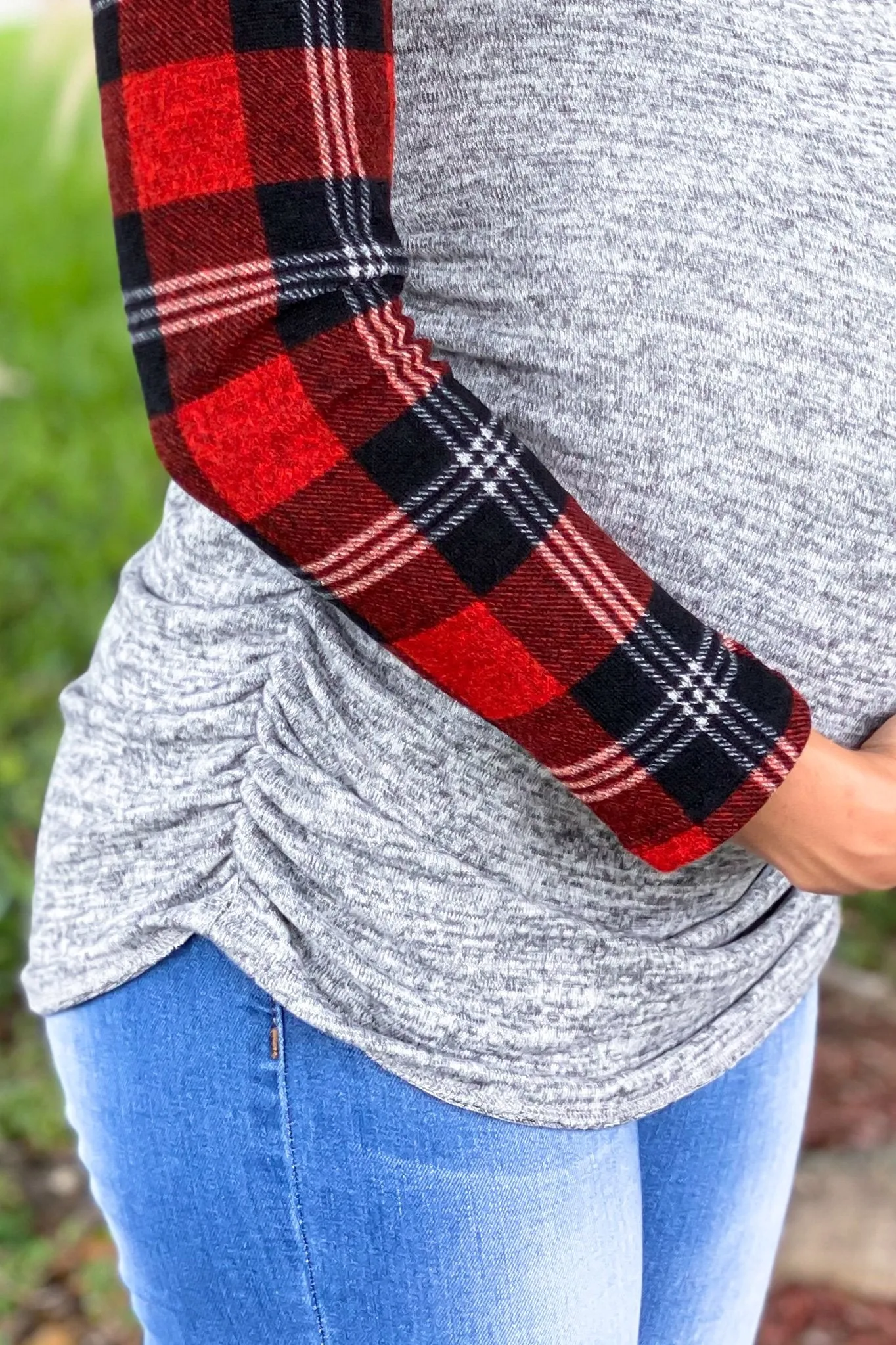 Gray Top with Plaid Sleeves