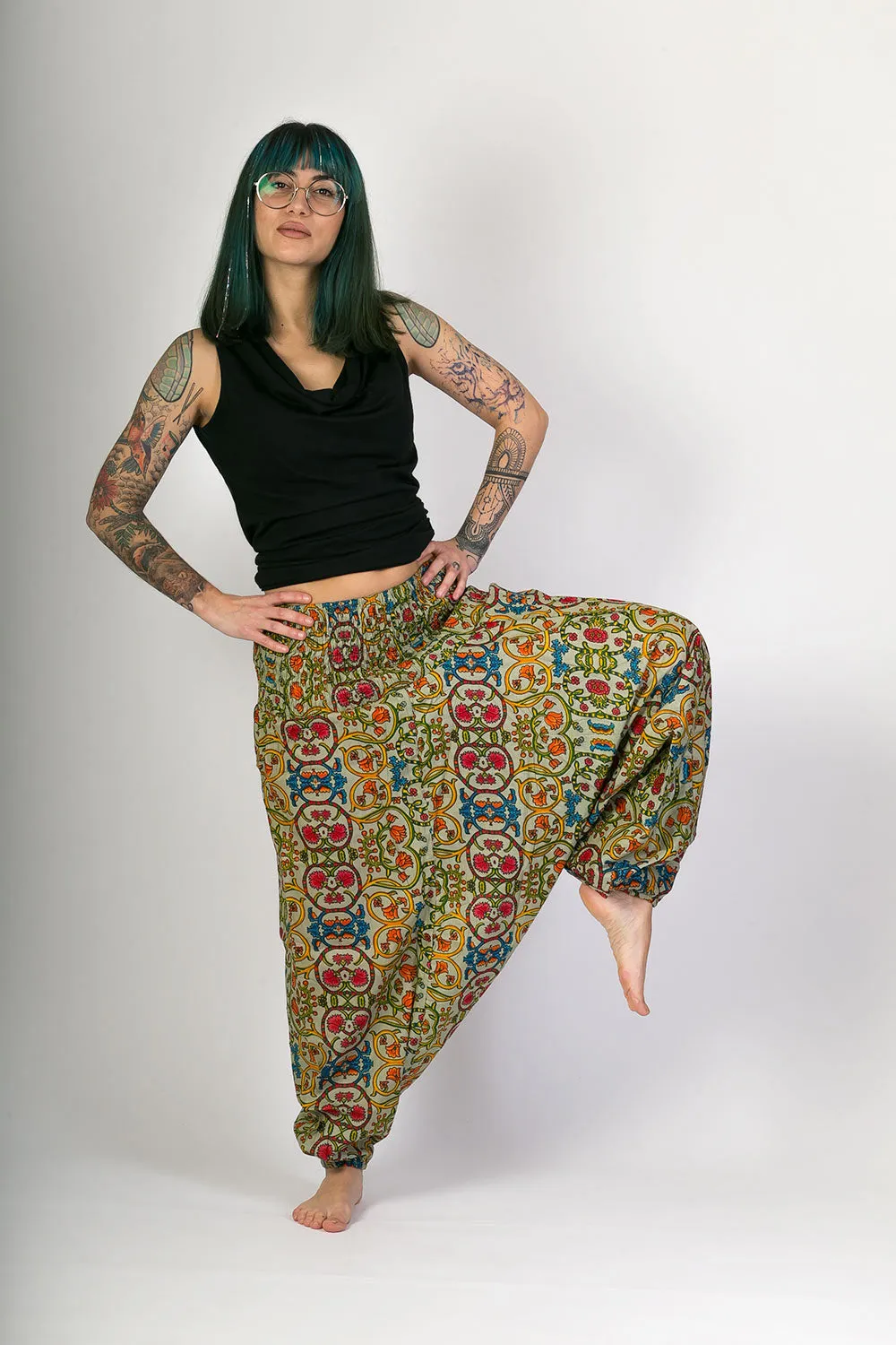 Green Floral Print Cotton Harem Yoga Jumpsuit Pants