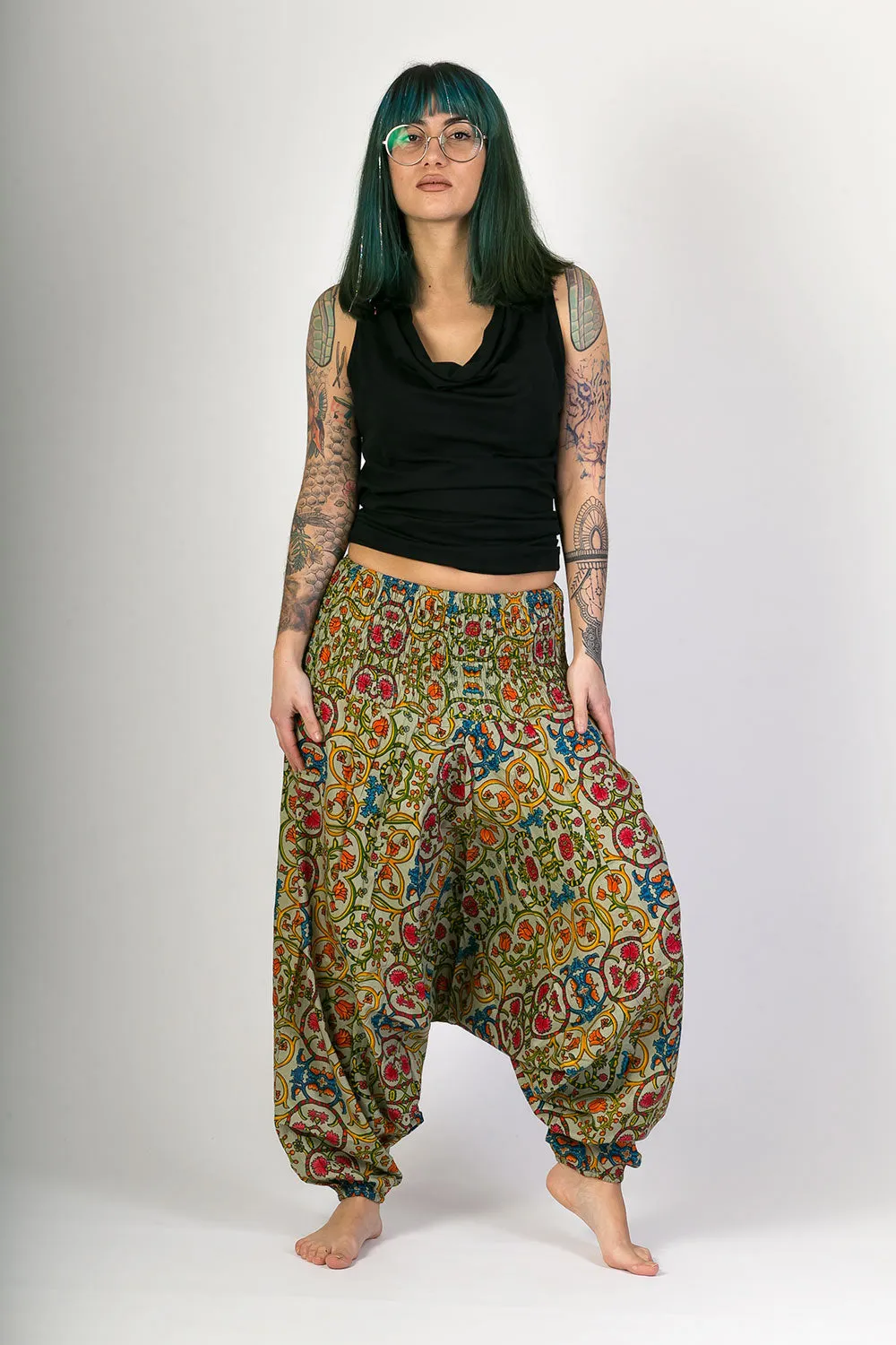 Green Floral Print Cotton Harem Yoga Jumpsuit Pants